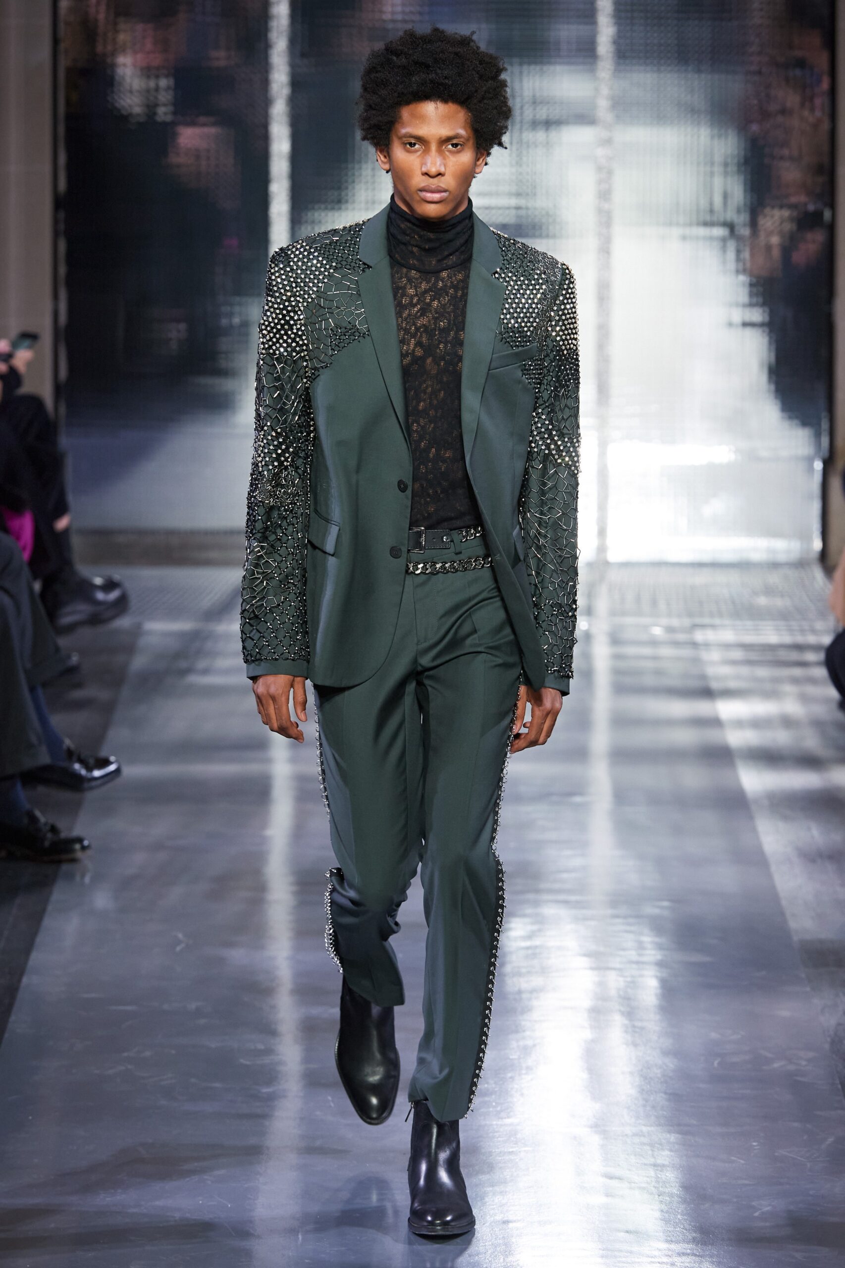 green silk long-sleeve collared tailored beaded suit