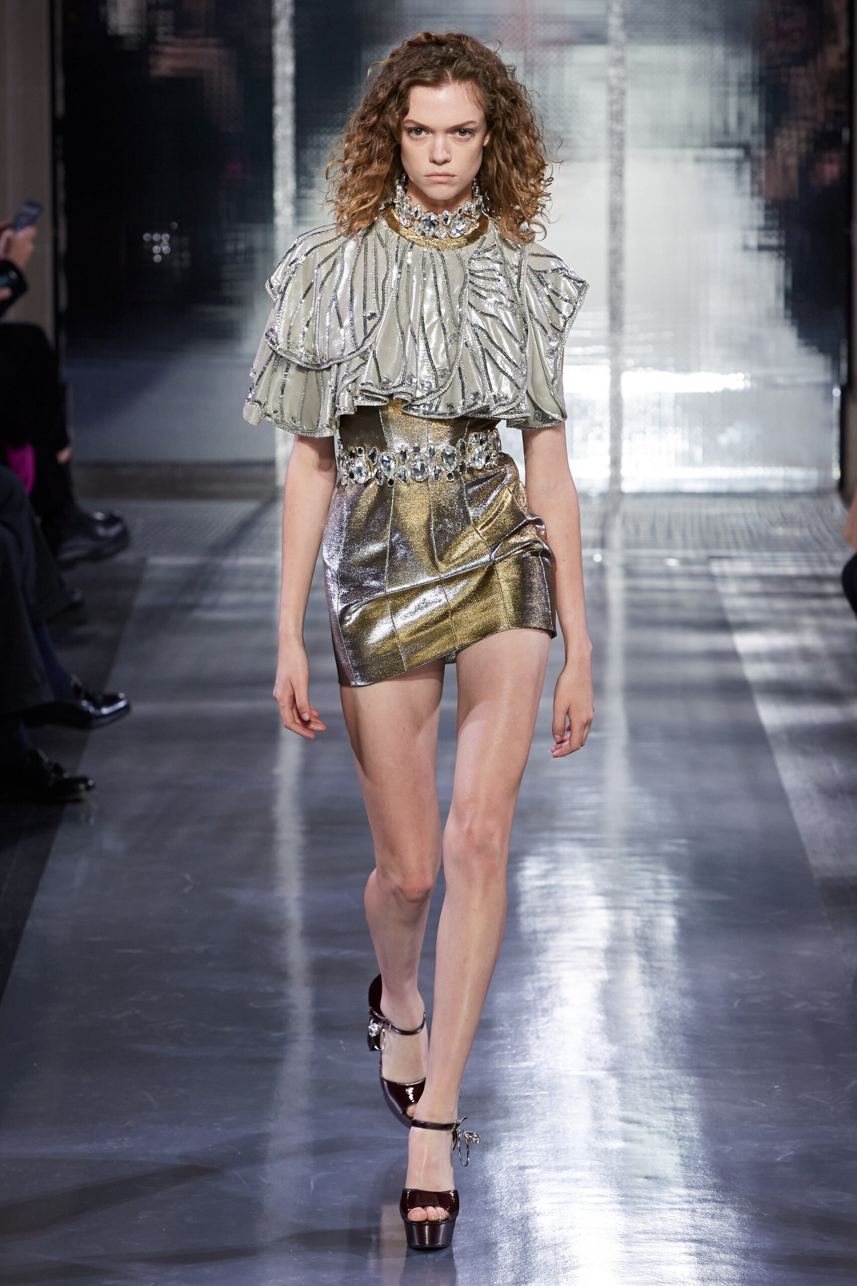 gray silk short-sleeve high-neck fitted ruffled shiny top