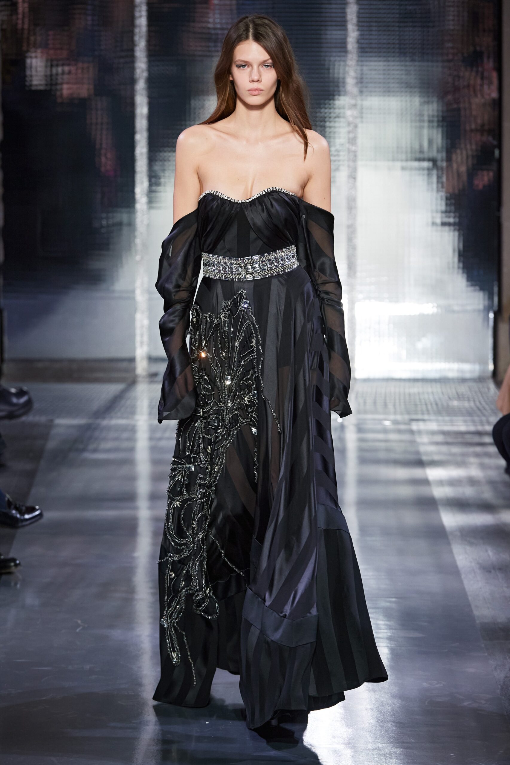 black silk strapless gown