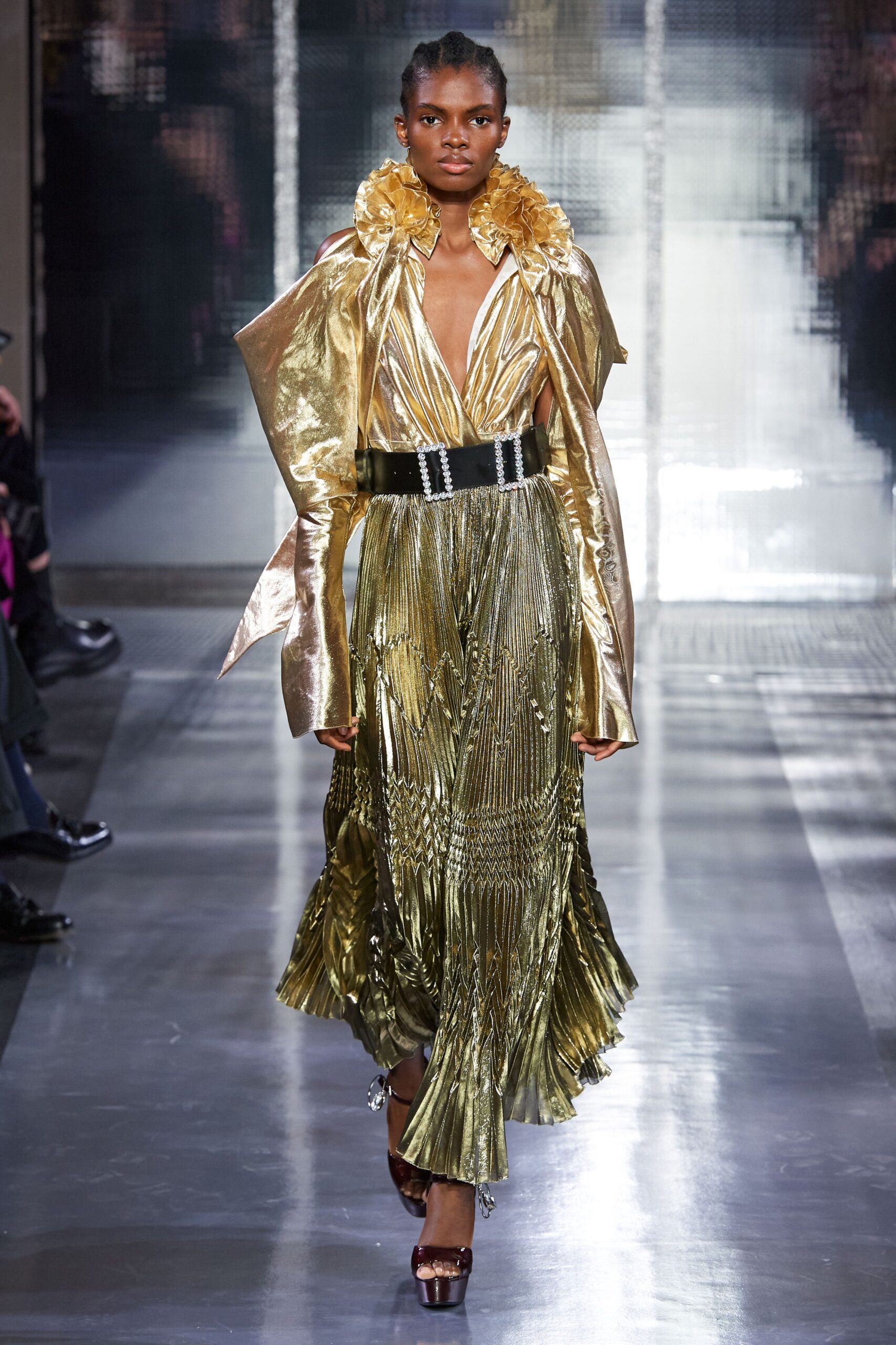 gold silk long-sleeve collared relaxed ruffled shiny jacket