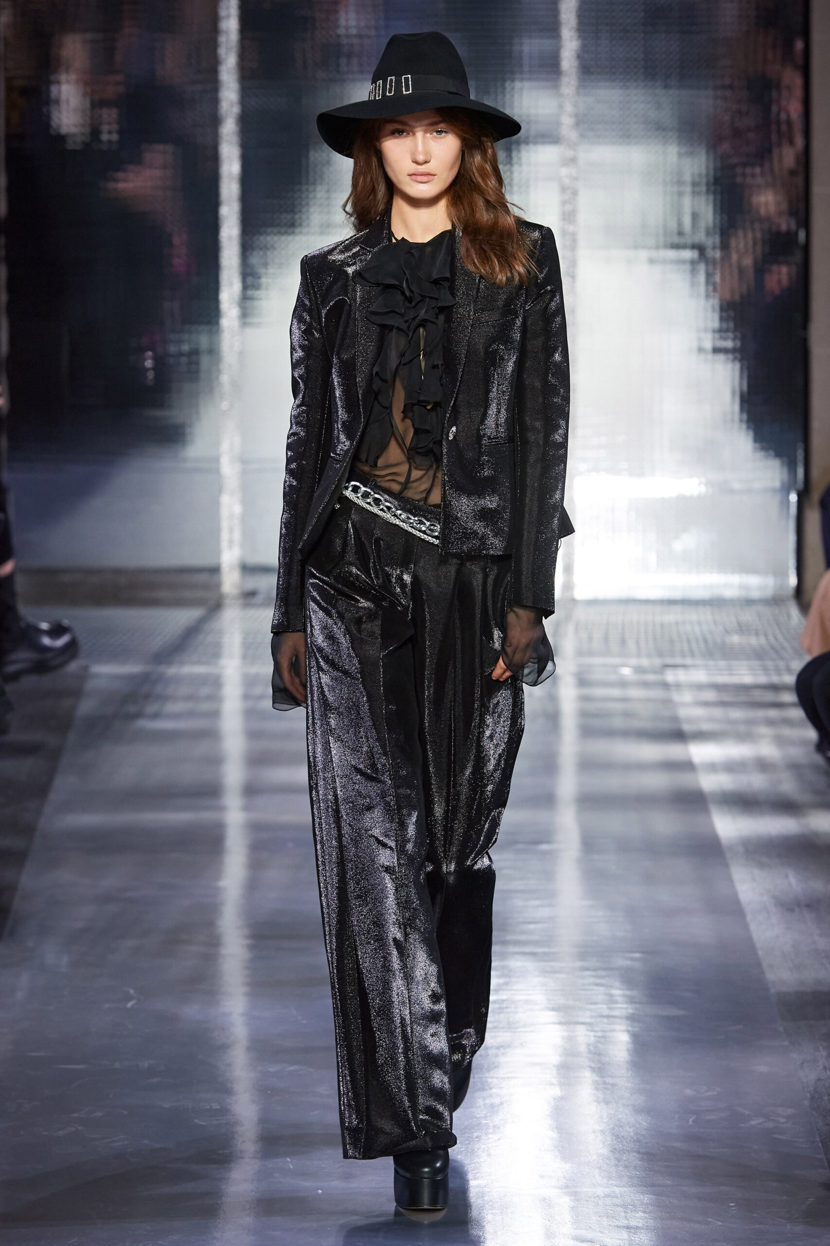 black silk suit with wide-leg pants
