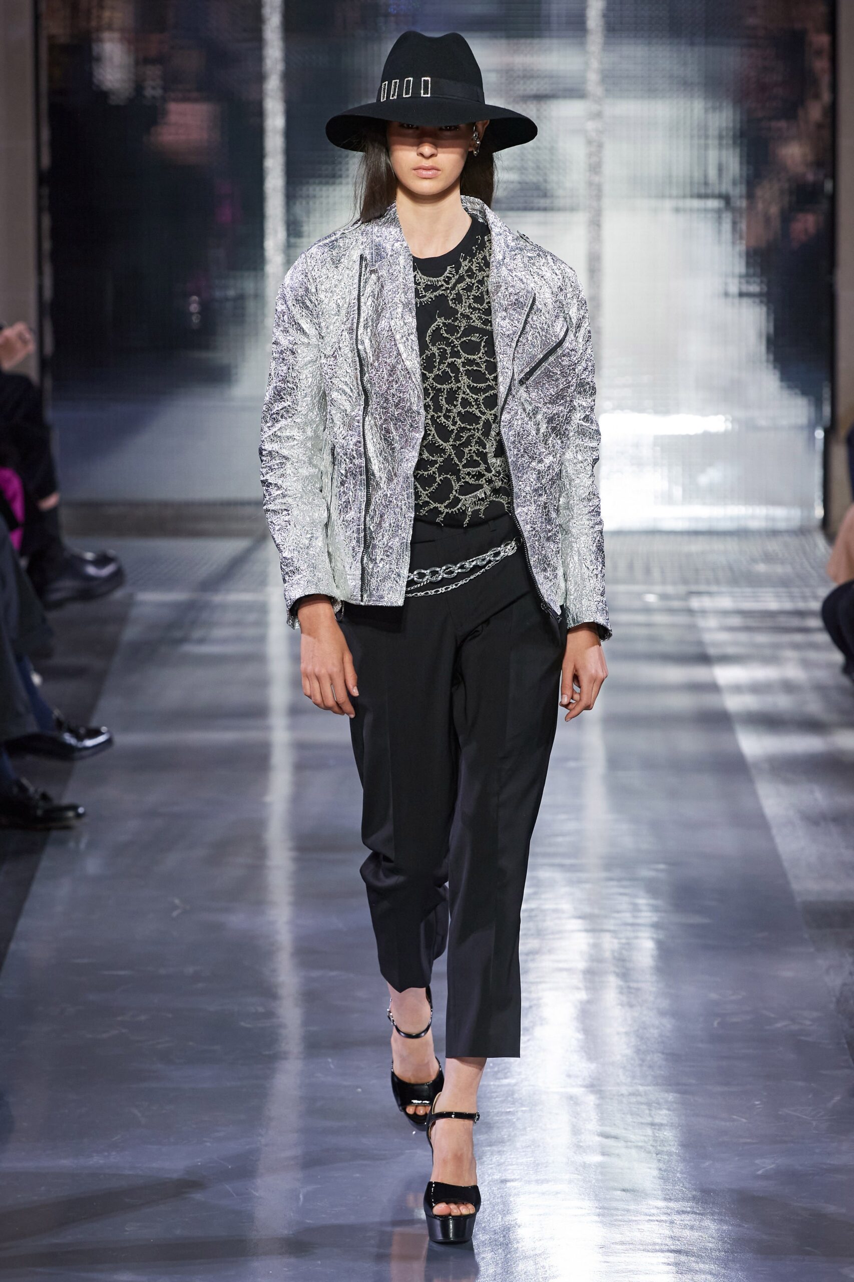 gray metallic long-sleeve collared fitted zippered shiny jacket