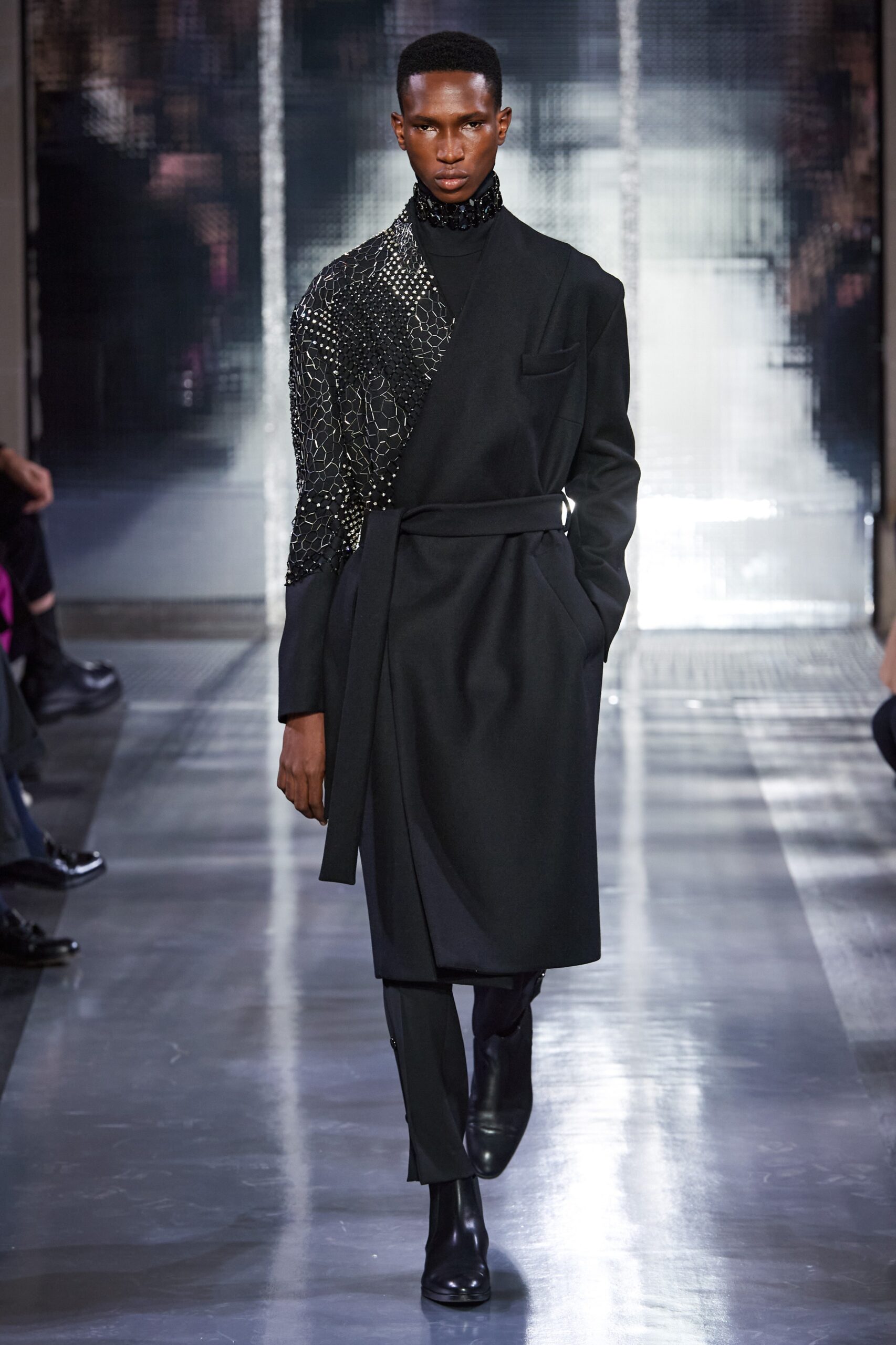 black wool coat with silk shirt