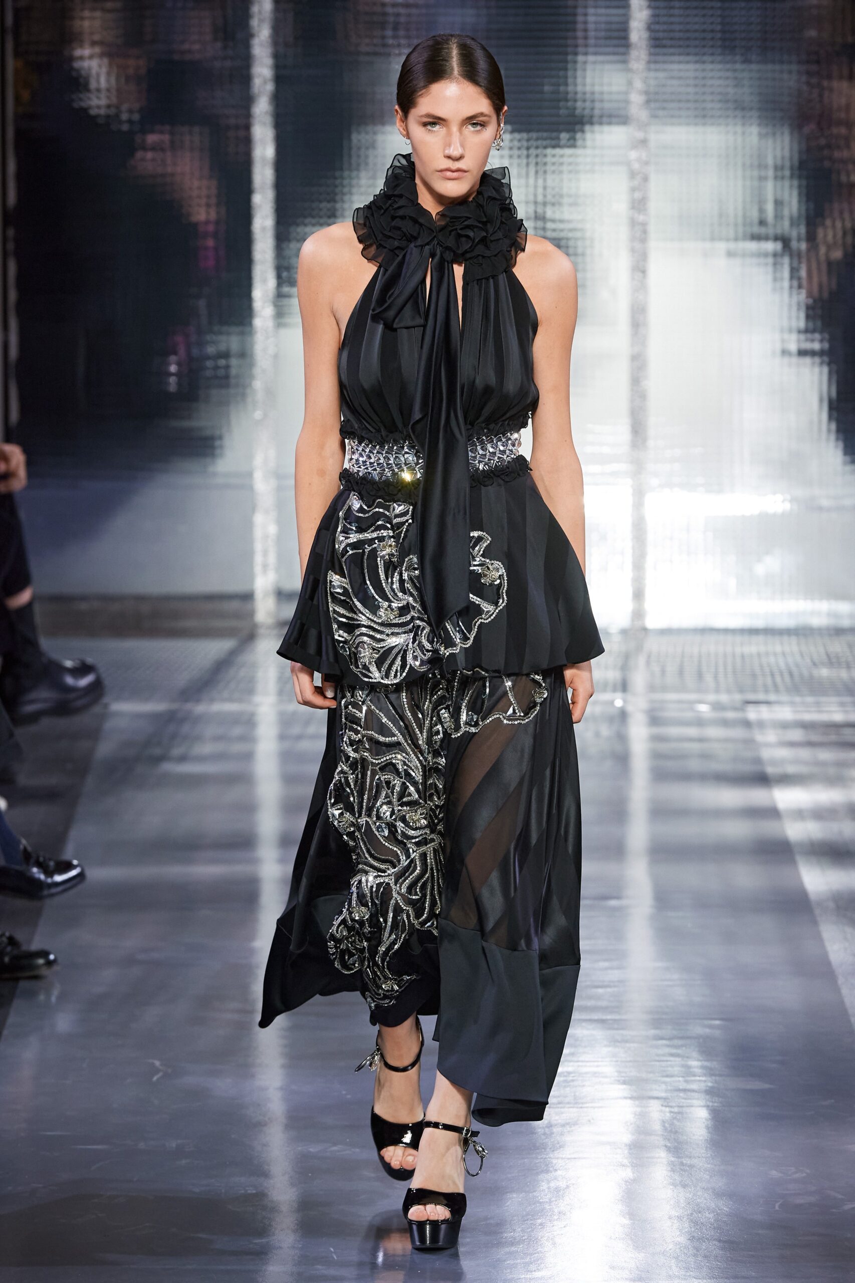 black silk maxi dress with flared pants
