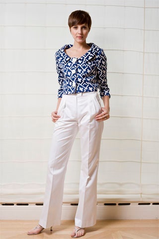 blue and white printed shirt with tailored pants