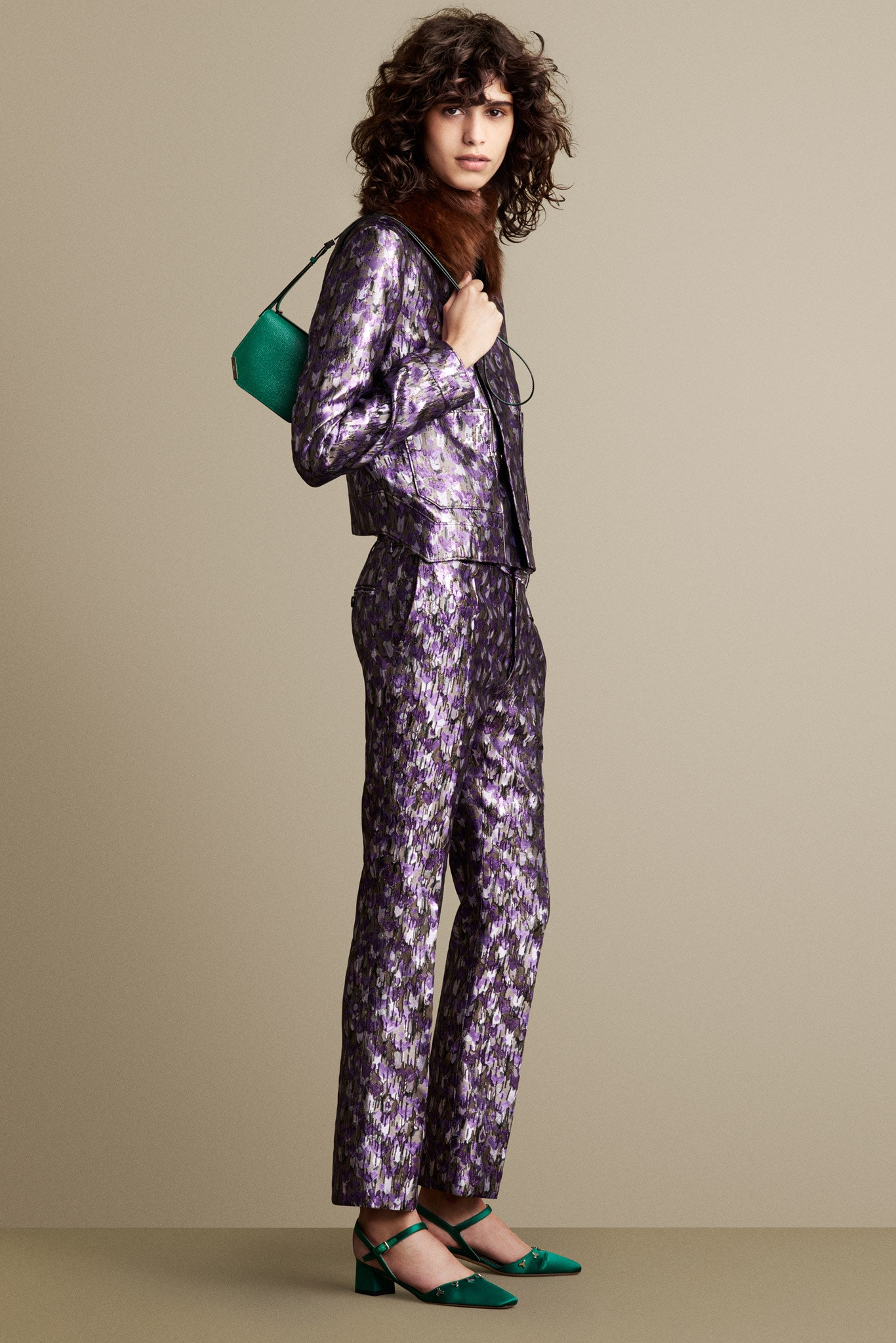 purple silk fitted jacket and pants