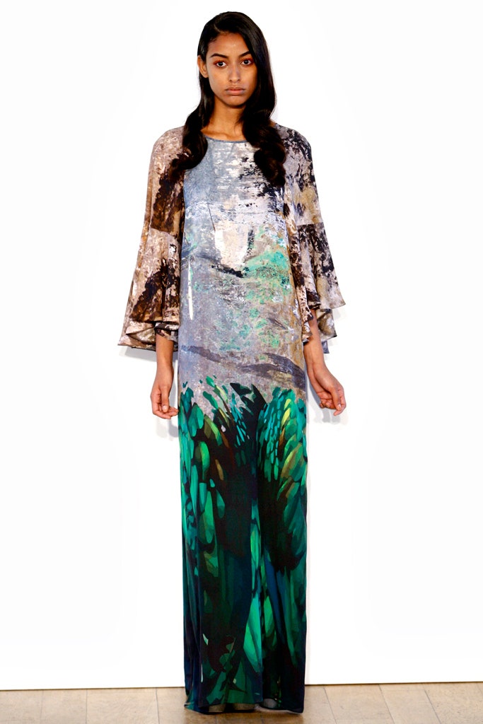 blue and green flowing gown