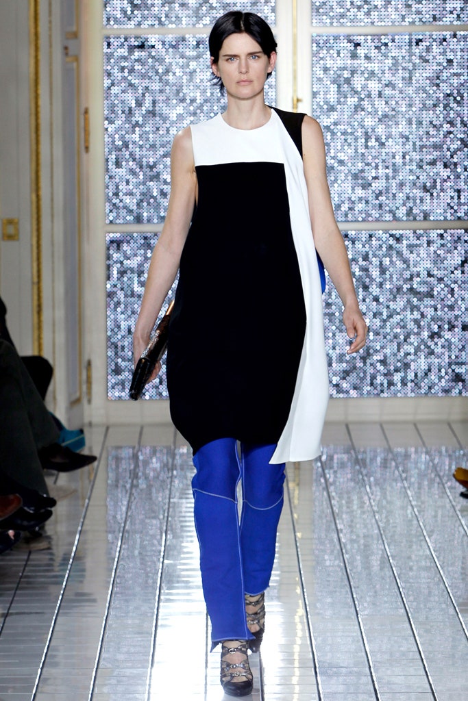 black and white asymmetric midi dress with blue pants