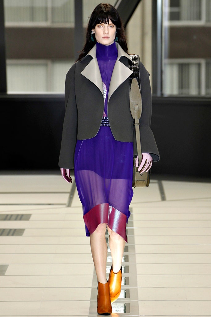 gray wool long-sleeve collared structured color-blocked jacket