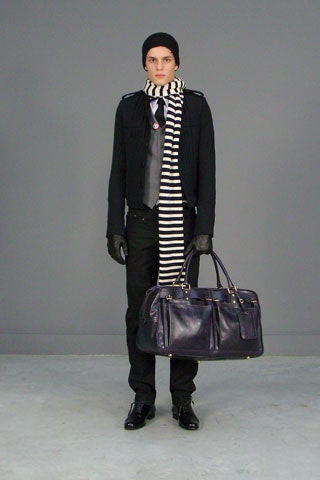 black fitted jacket with striped scarf