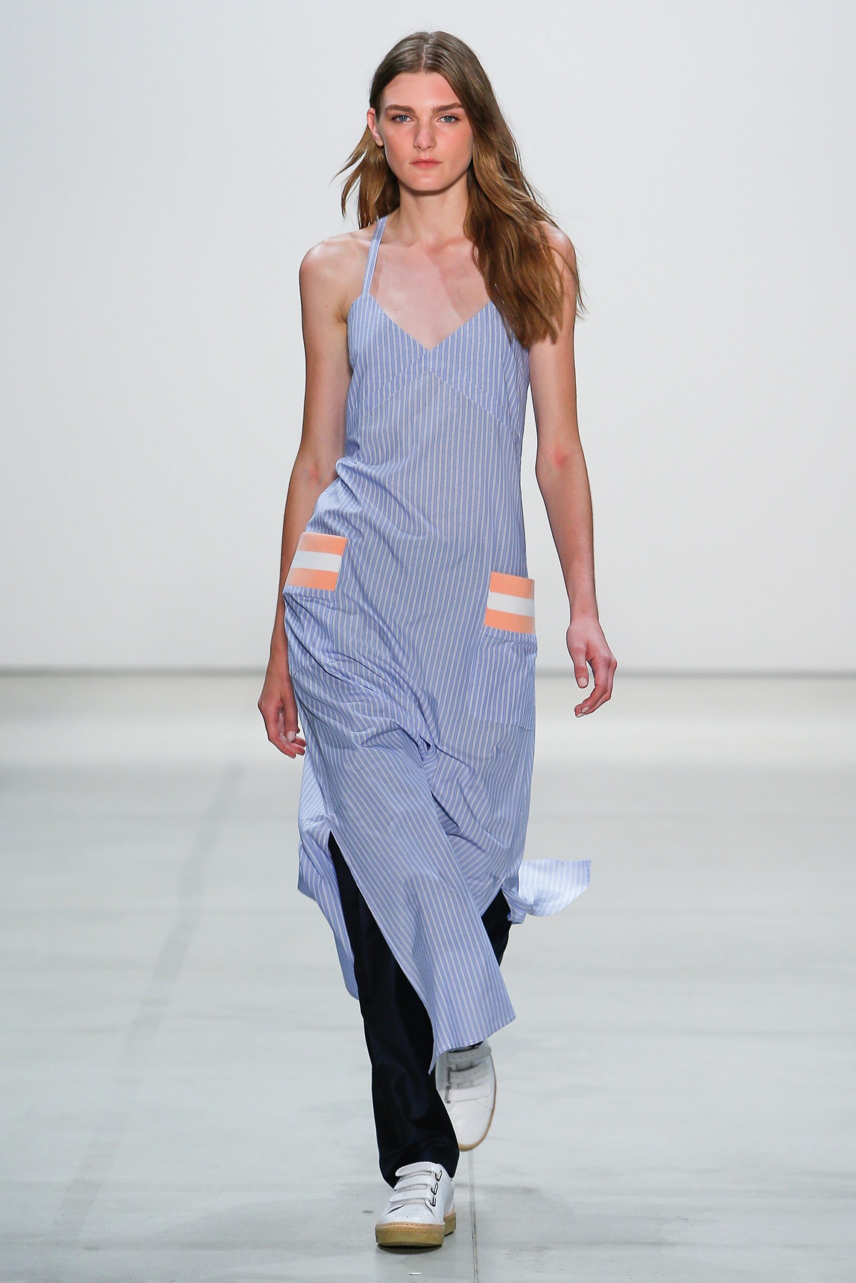 blue and white striped midi dress