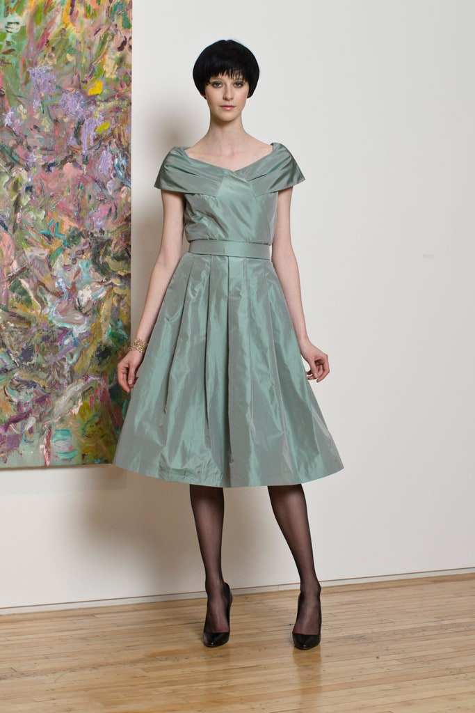 green silk off-shoulder dress
