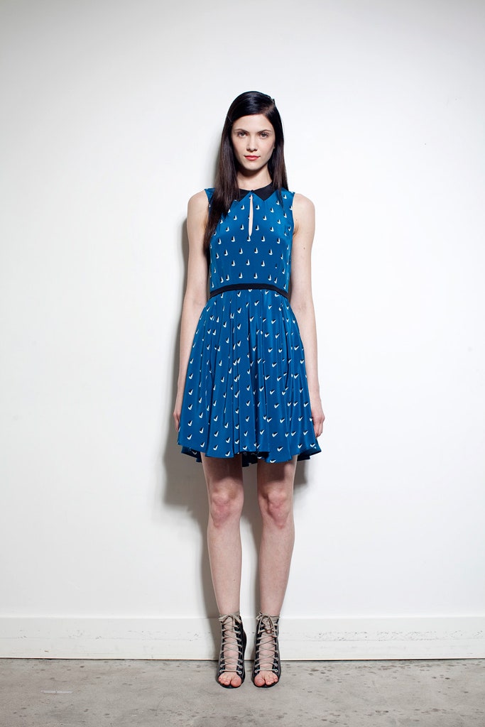 blue cotton sleeveless collared fitted pleated mini dress