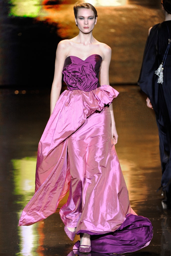 pink and purple strapless gown