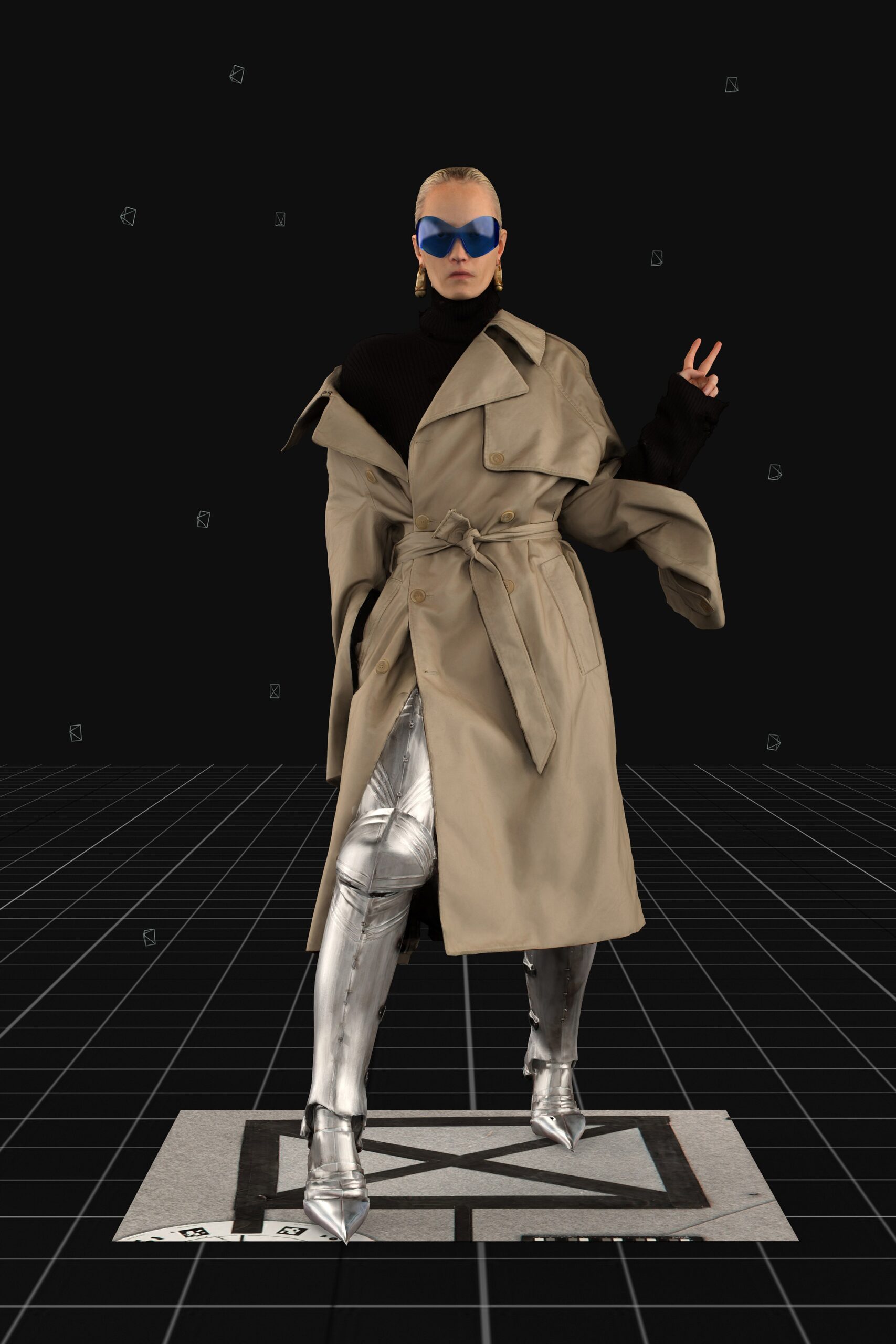 gray metallic fitted straight-leg shiny pants