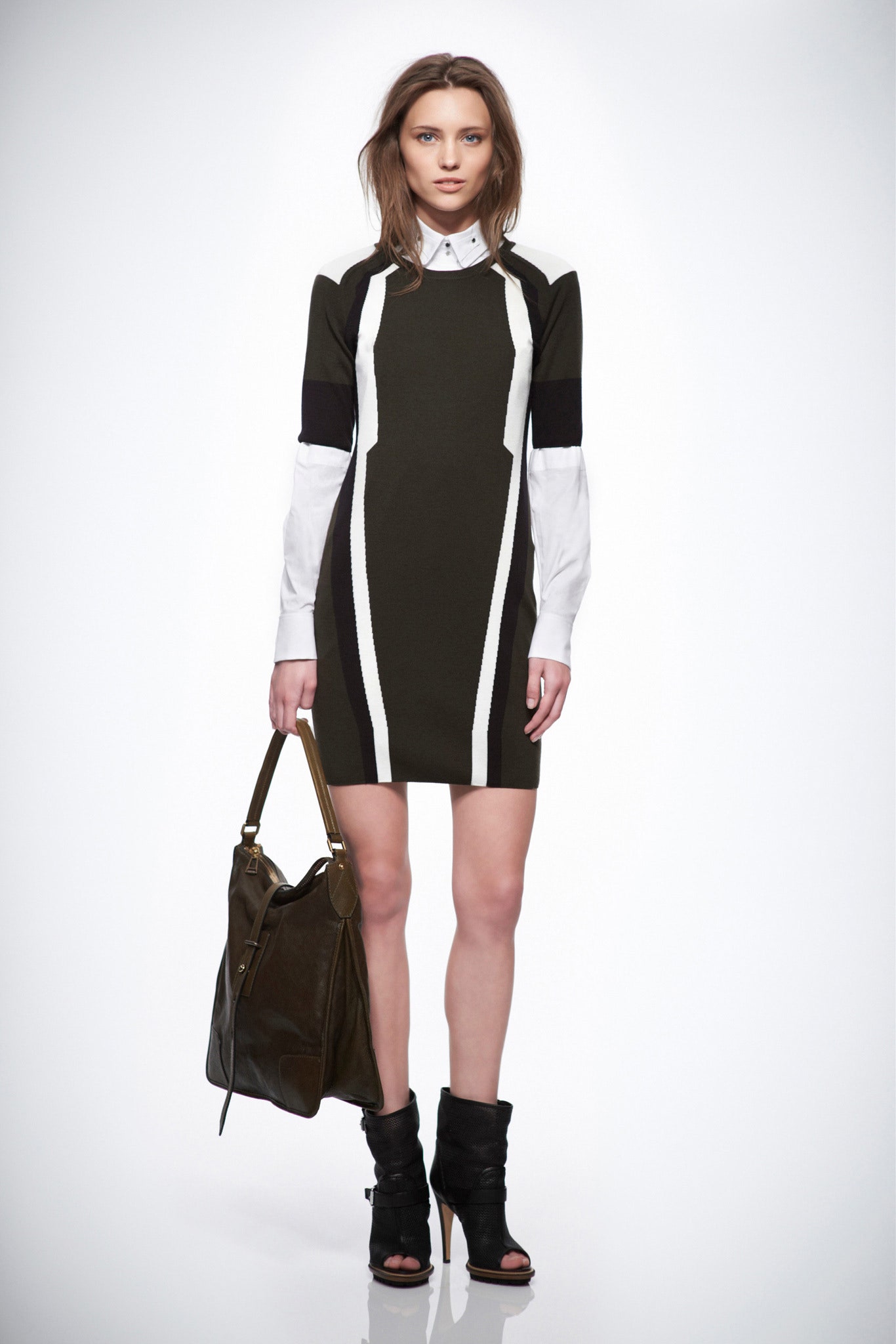 black knit long-sleeve high-neck fitted color-blocked textured mini-dress