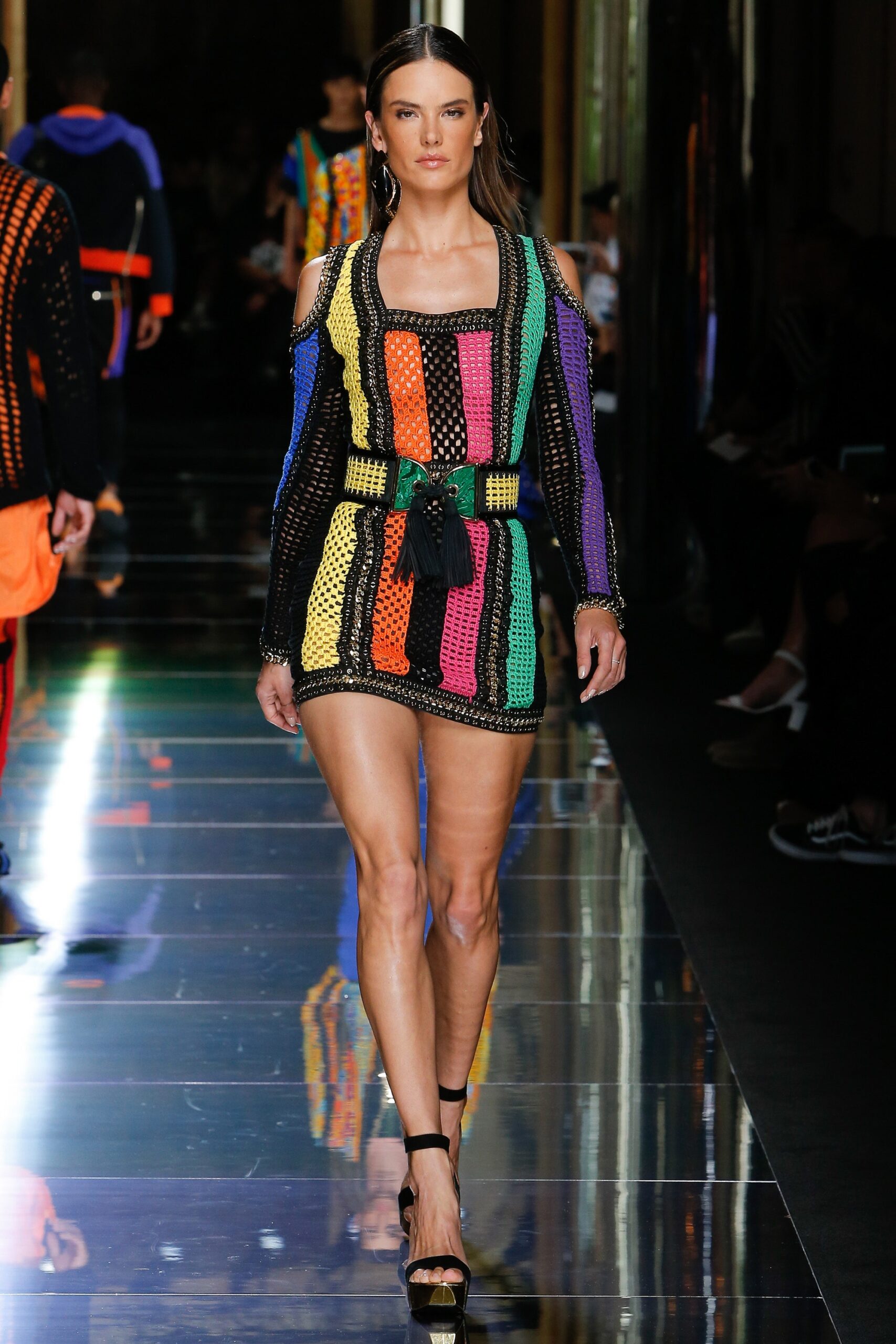 multi-colored fitted off-shoulder dress