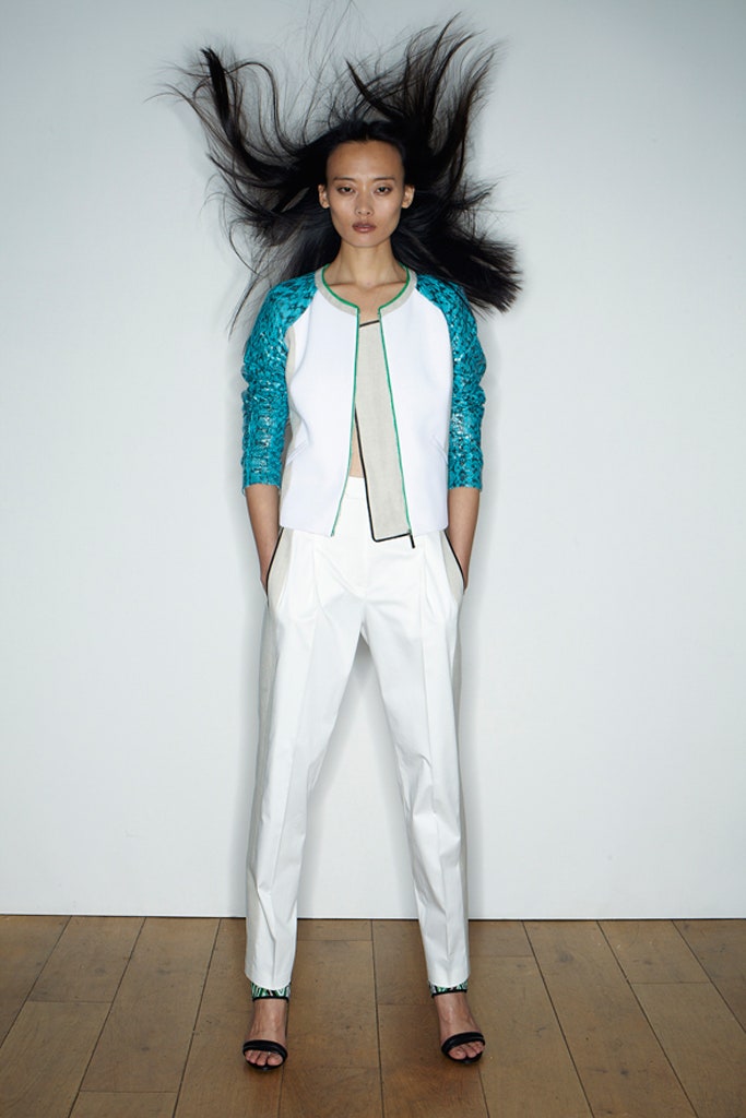 white jacket with blue details