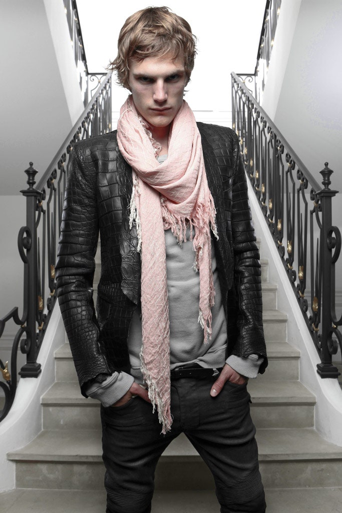 black leather jacket with gray shirt