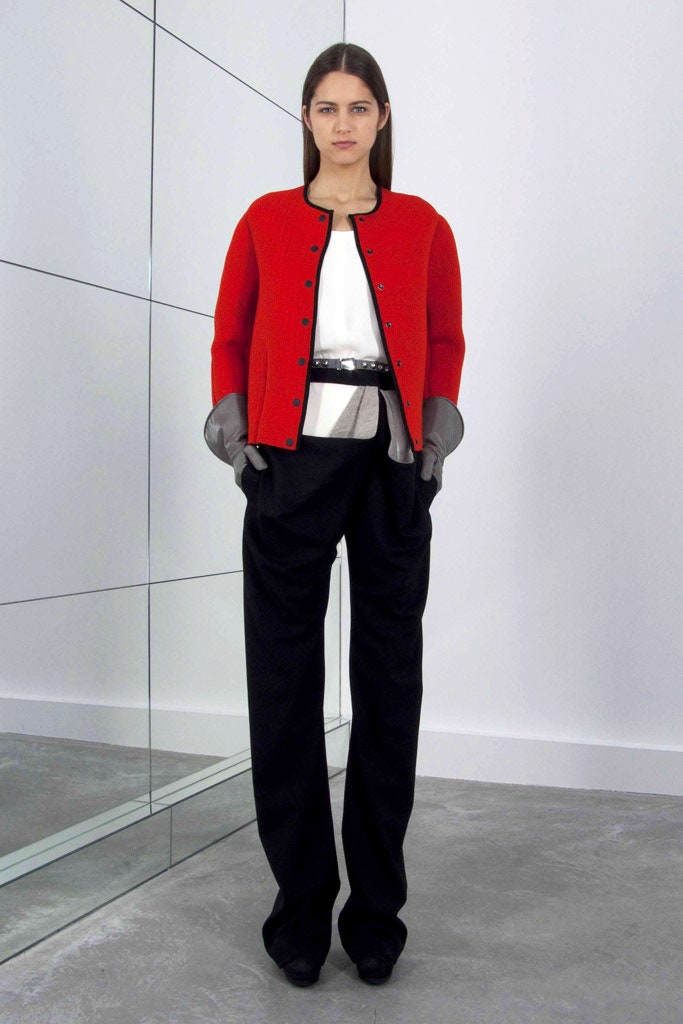 red wool long-sleeve collared fitted buttoned jacket