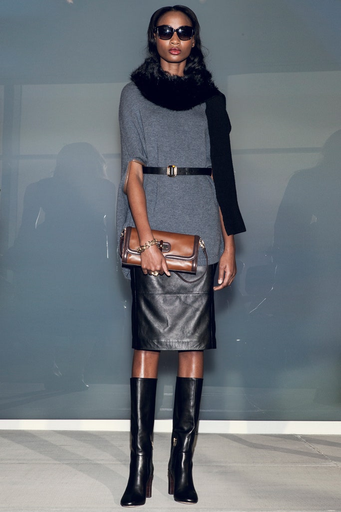 gray top black leather skirt