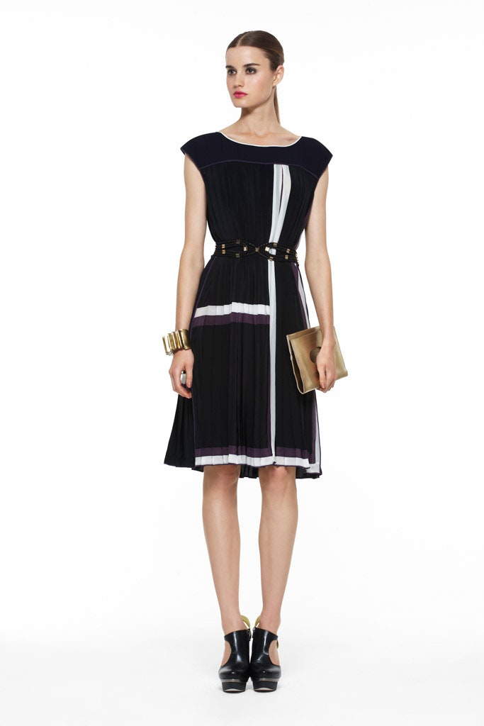 black and white pleated midi dress