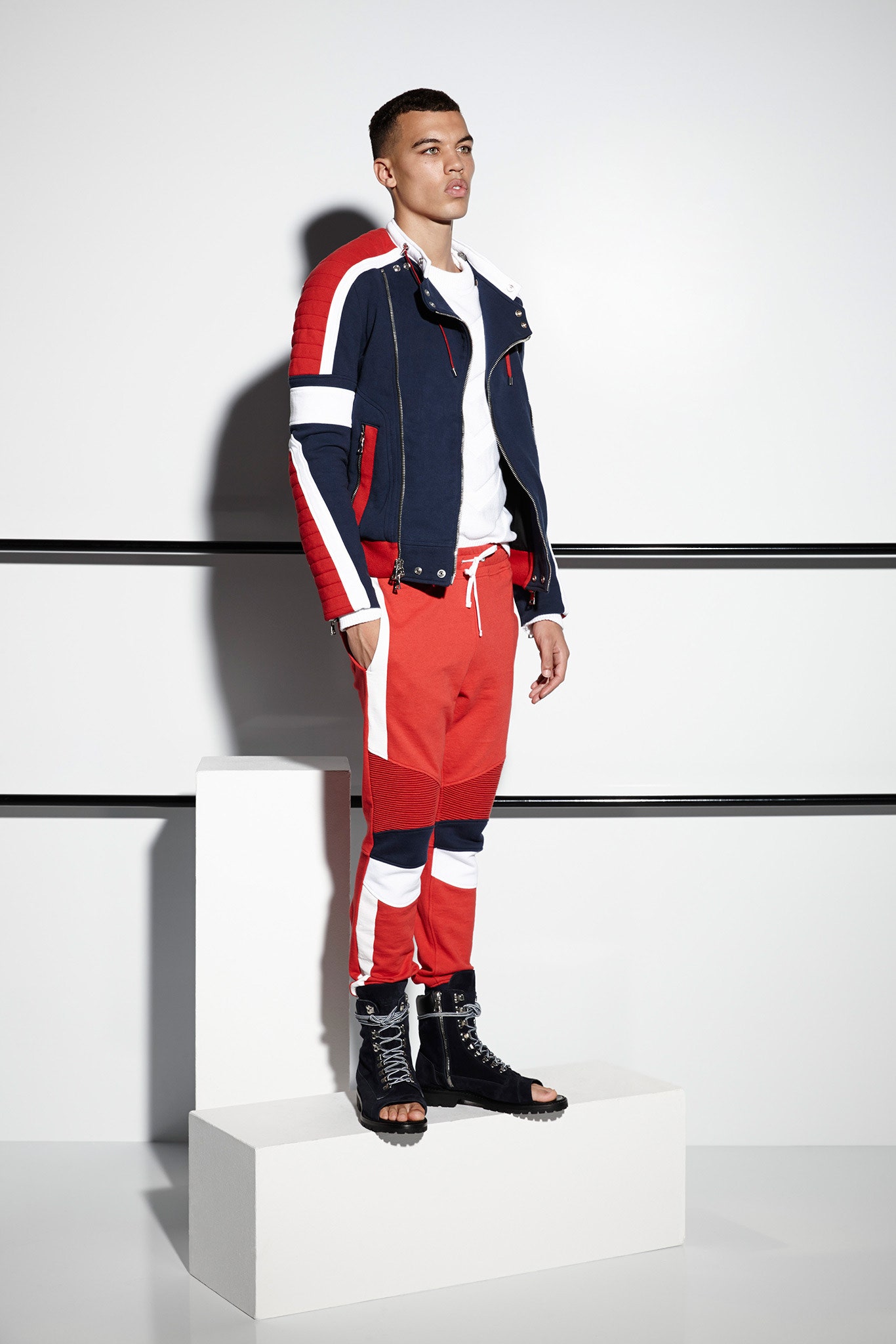 navy and red color-blocked jacket