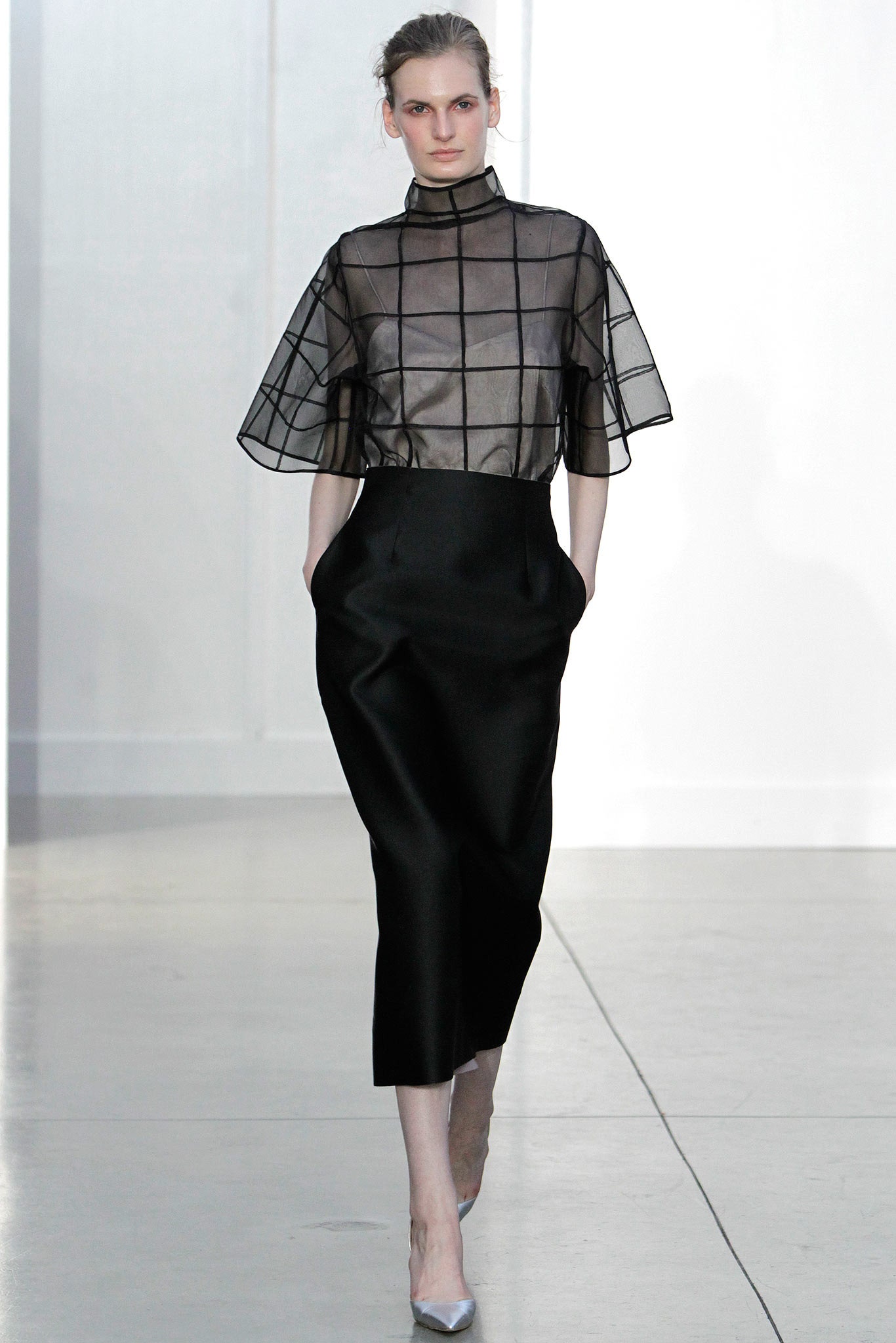 sheer checked top and black midi skirt