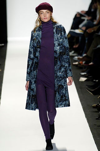 blue printed coat with purple bodysuit