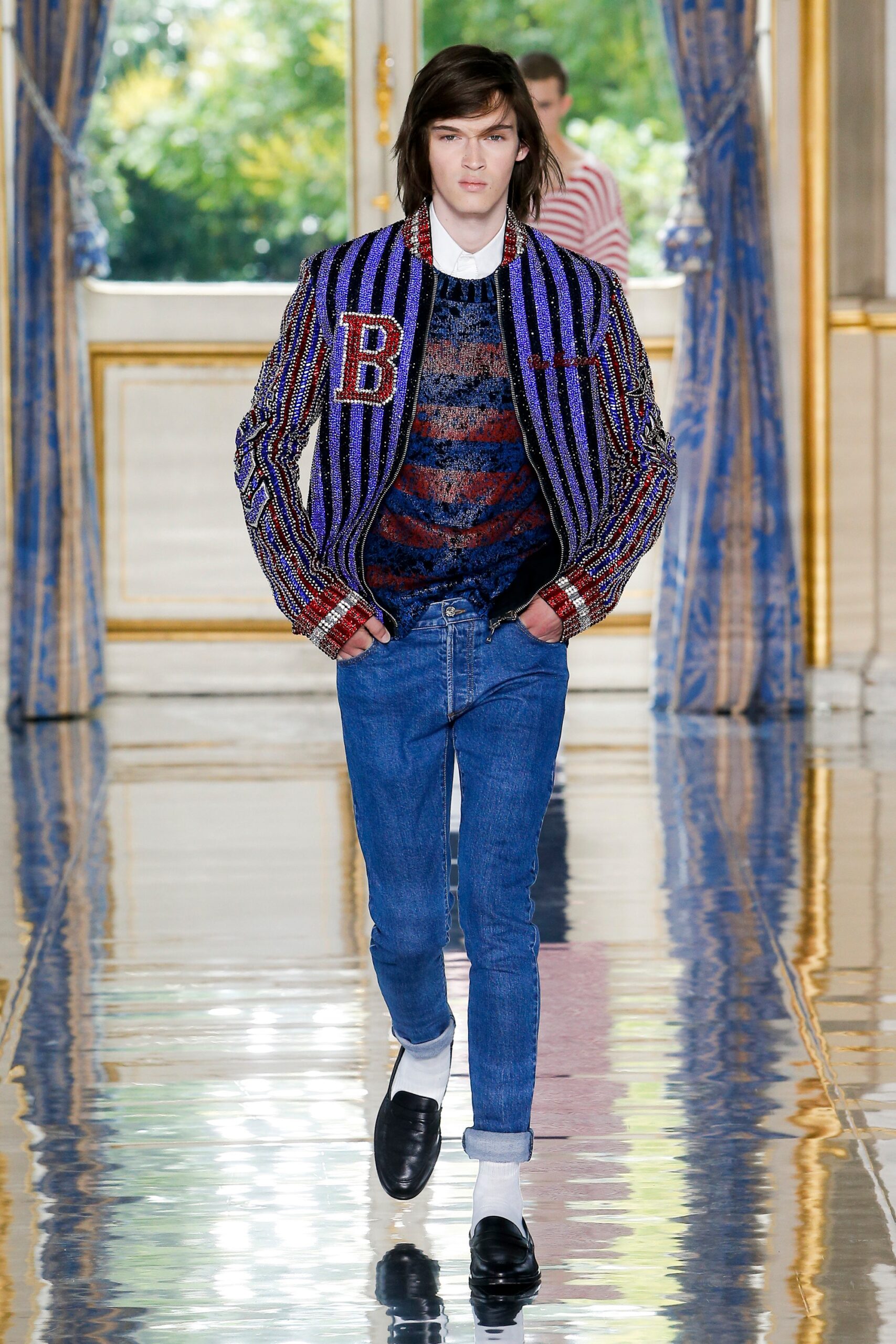 multi-colored fitted jacket with jeans