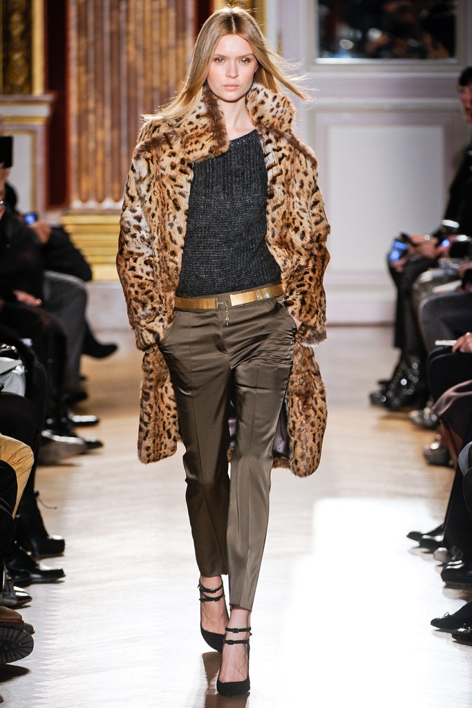 brown animal-print fur coat with black knit top
