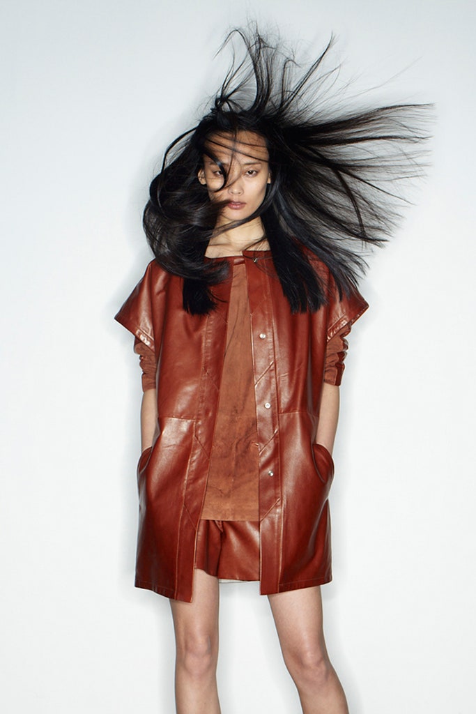brown leather short-sleeve collared relaxed buttoned pockets coat