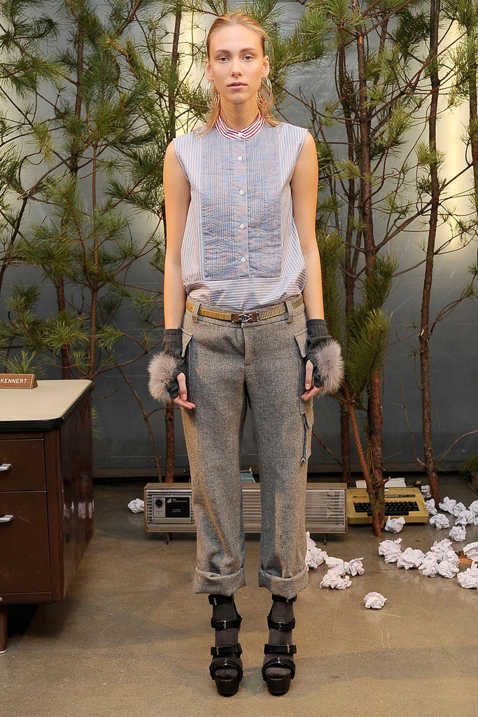 blue and white relaxed shirt with gray pants