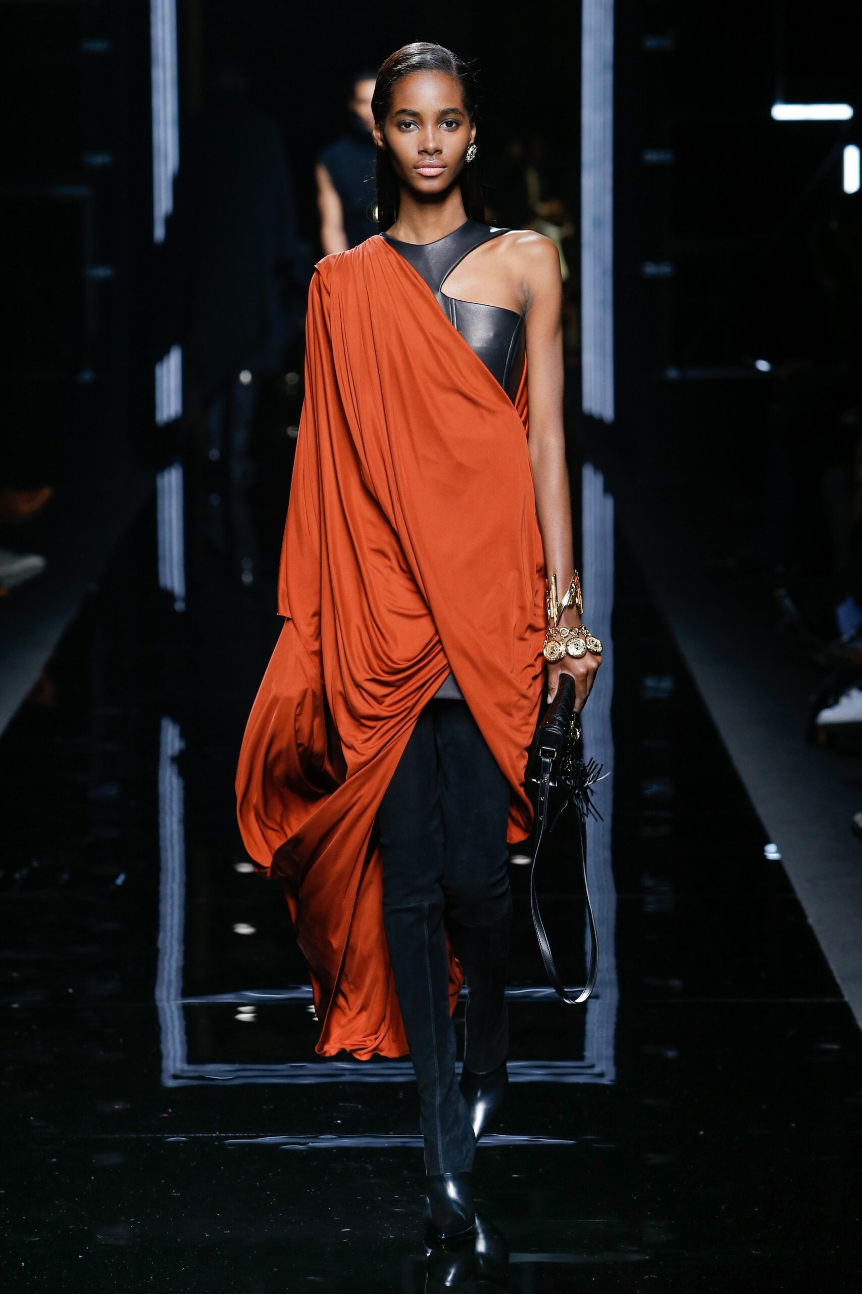 orange draped midi dress with corset