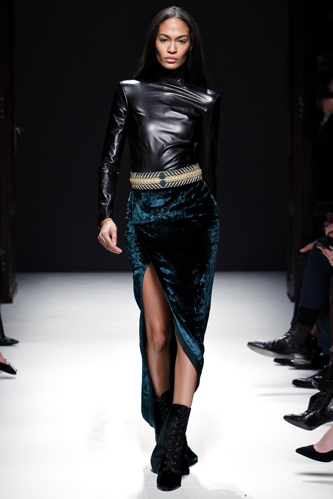 black leather top with green velvet skirt