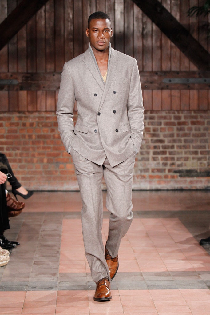 gray tailored suit with brown shoes