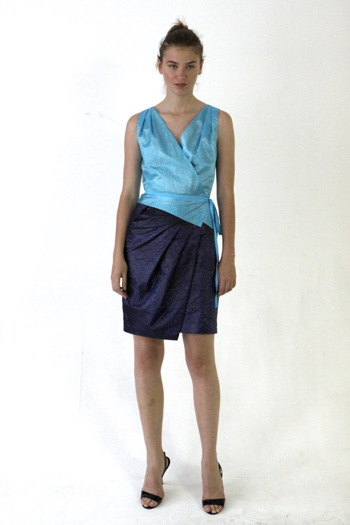 two-tone satin wrap dress