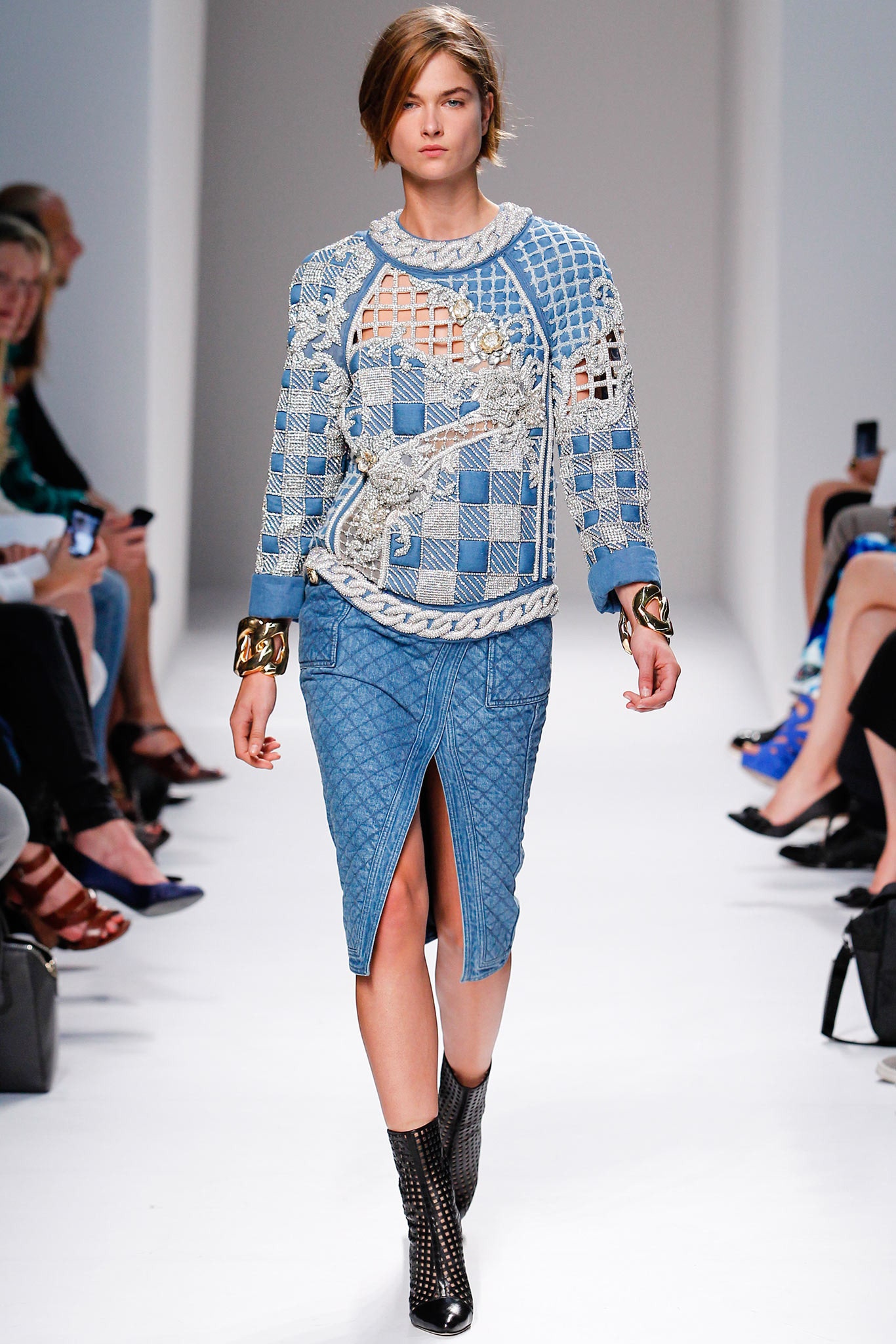 blue embroidered top and denim skirt