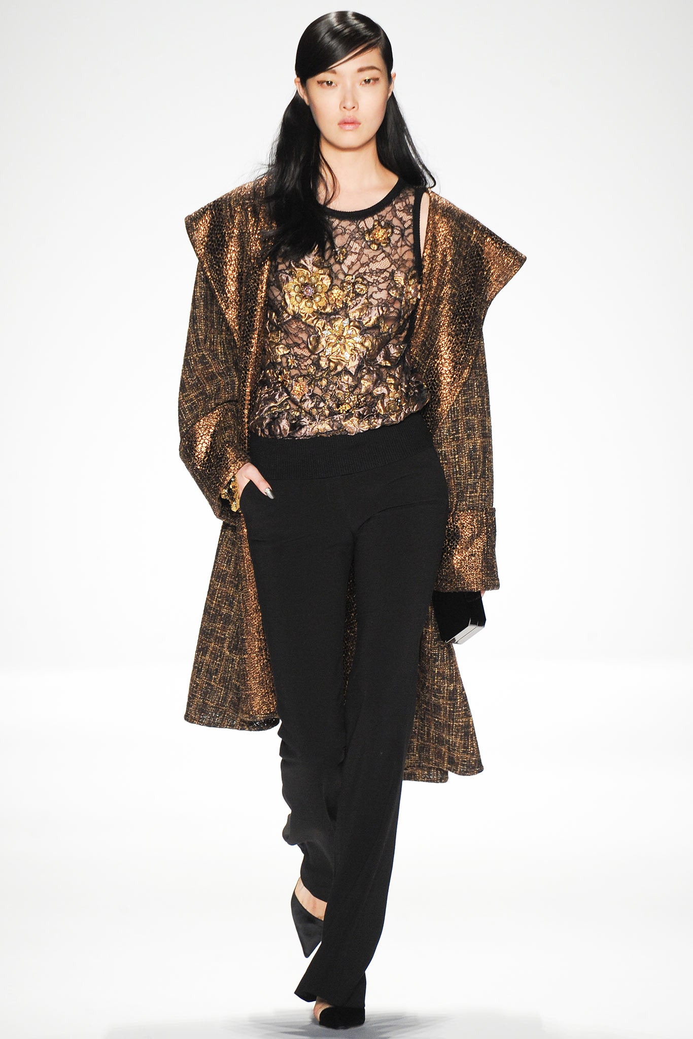 gold metallic long-sleeve collared relaxed layered shiny coat