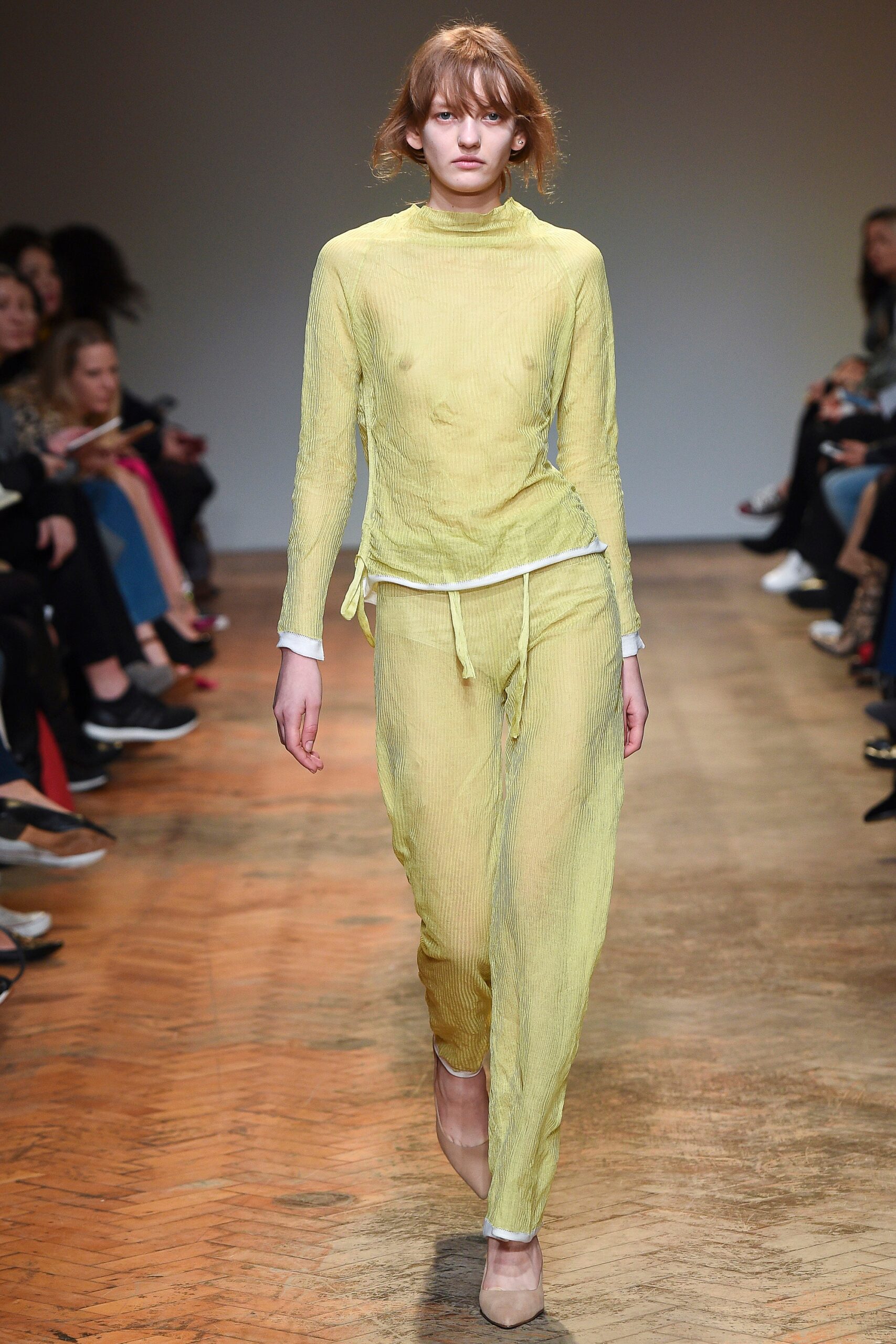 yellow cotton fitted pleated sheer pants