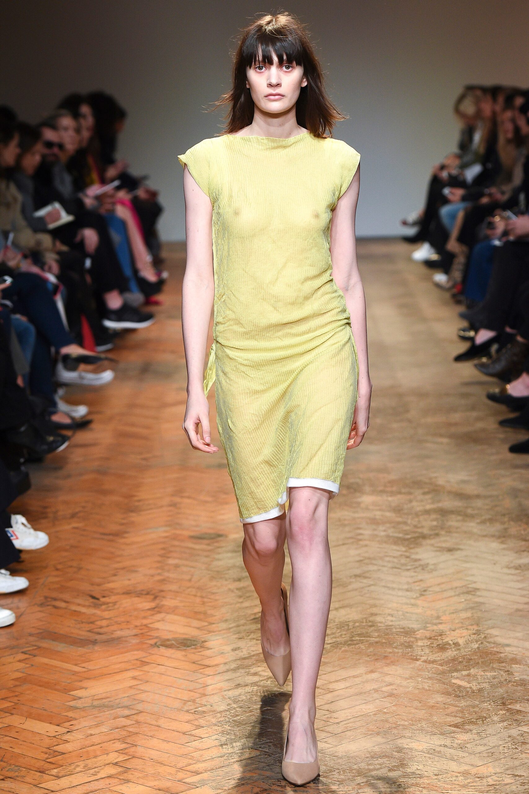 yellow cotton sleeveless high-neck fitted straight-leg midi dress