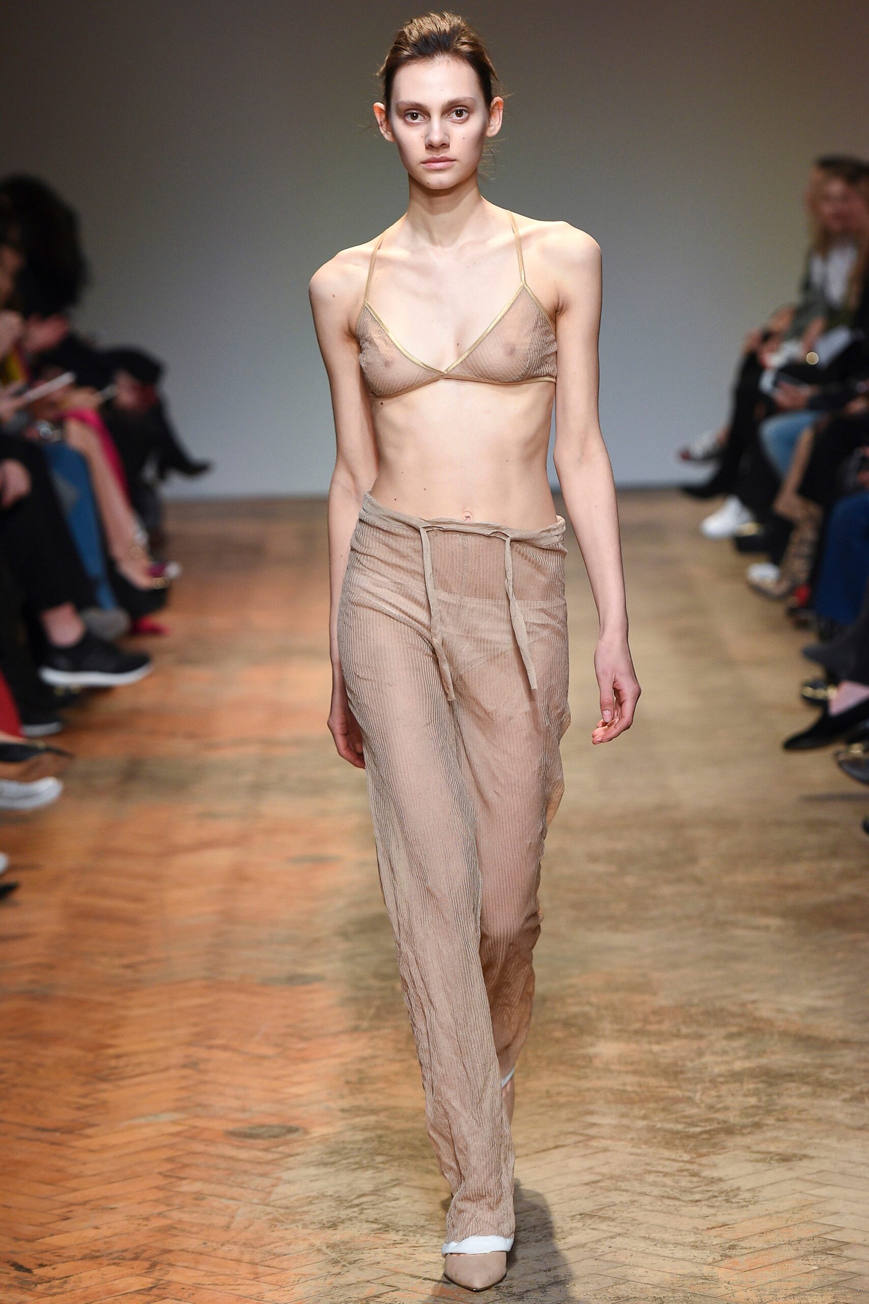 beige sheer mesh top and pants