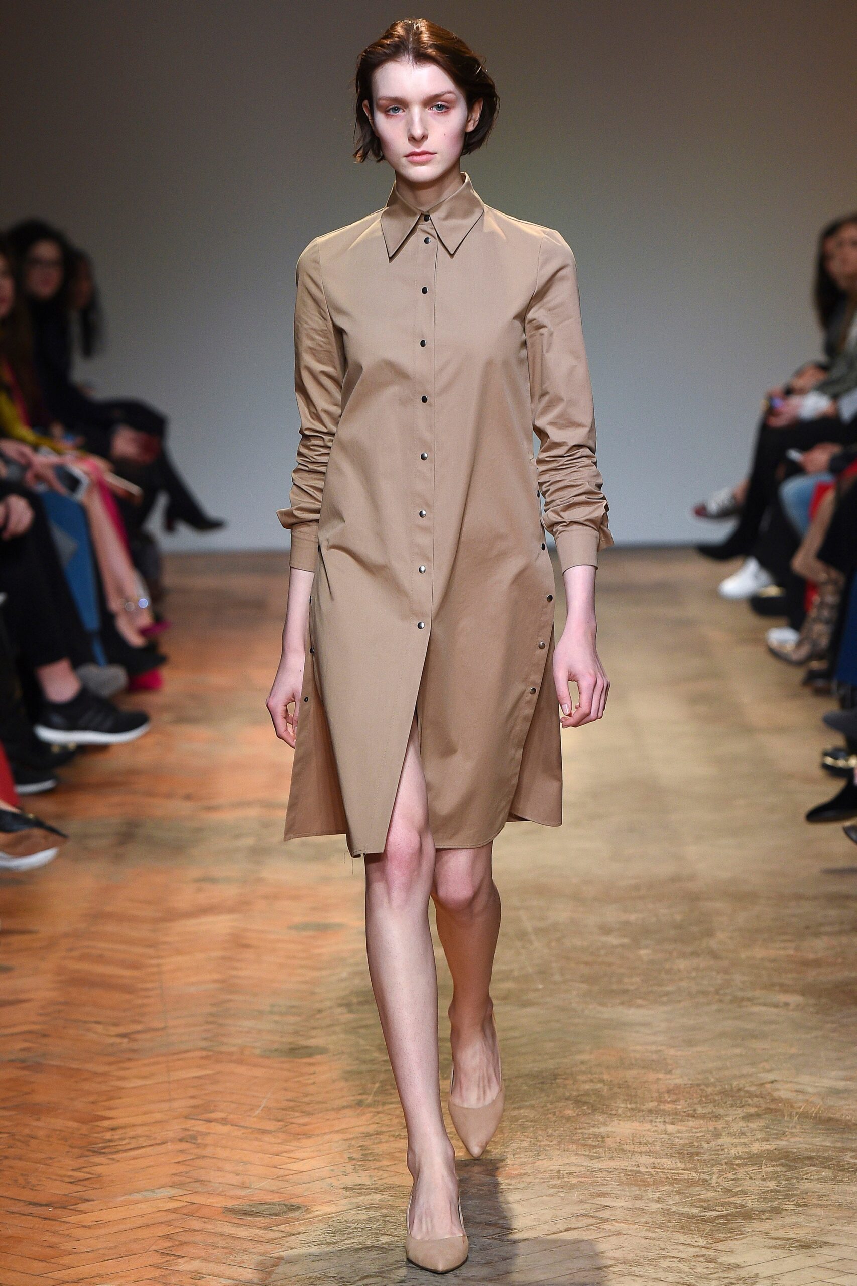 beige fitted shirt-dress