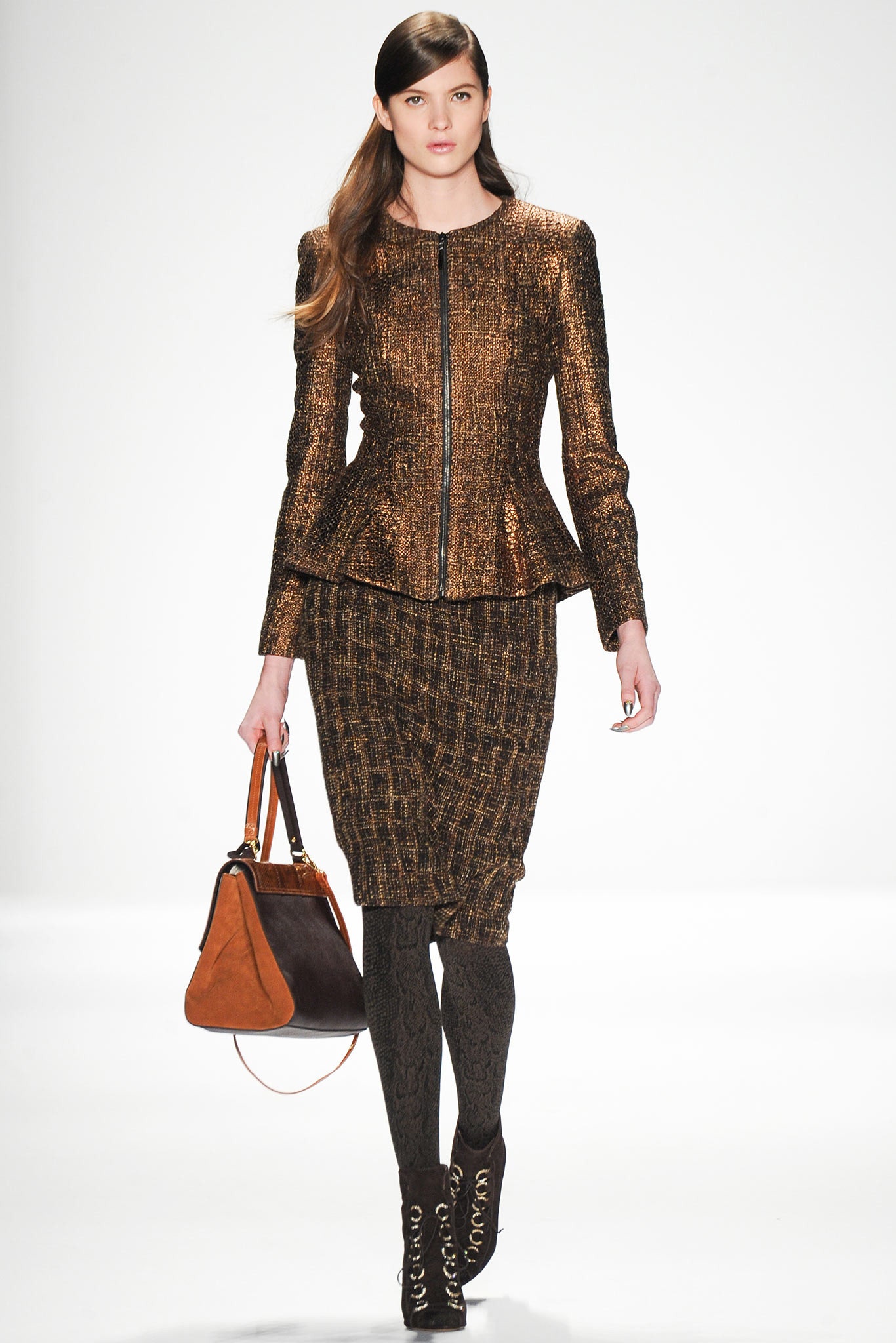 fitted brown gold blazer and pencil skirt