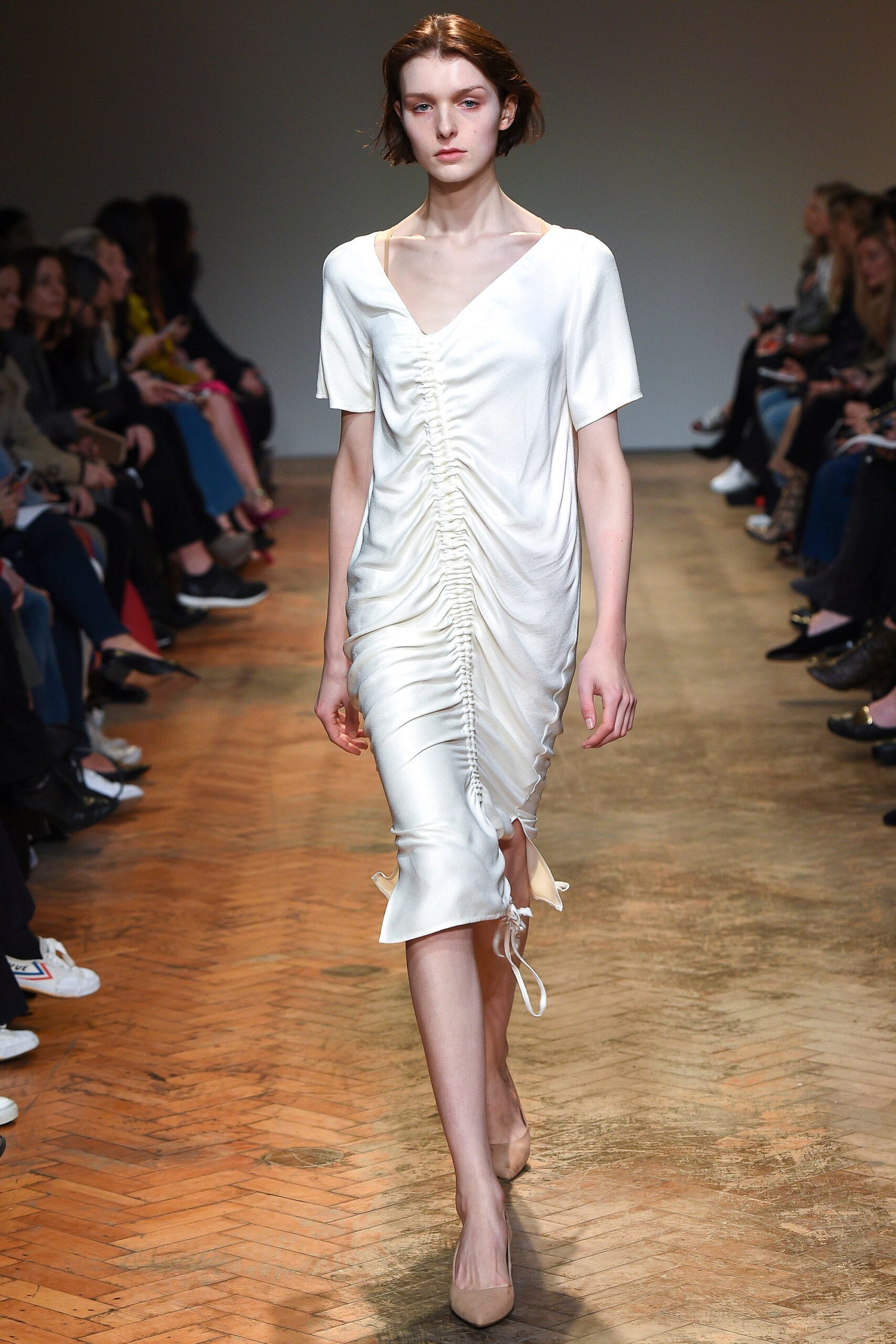 white silk fitted midi dress