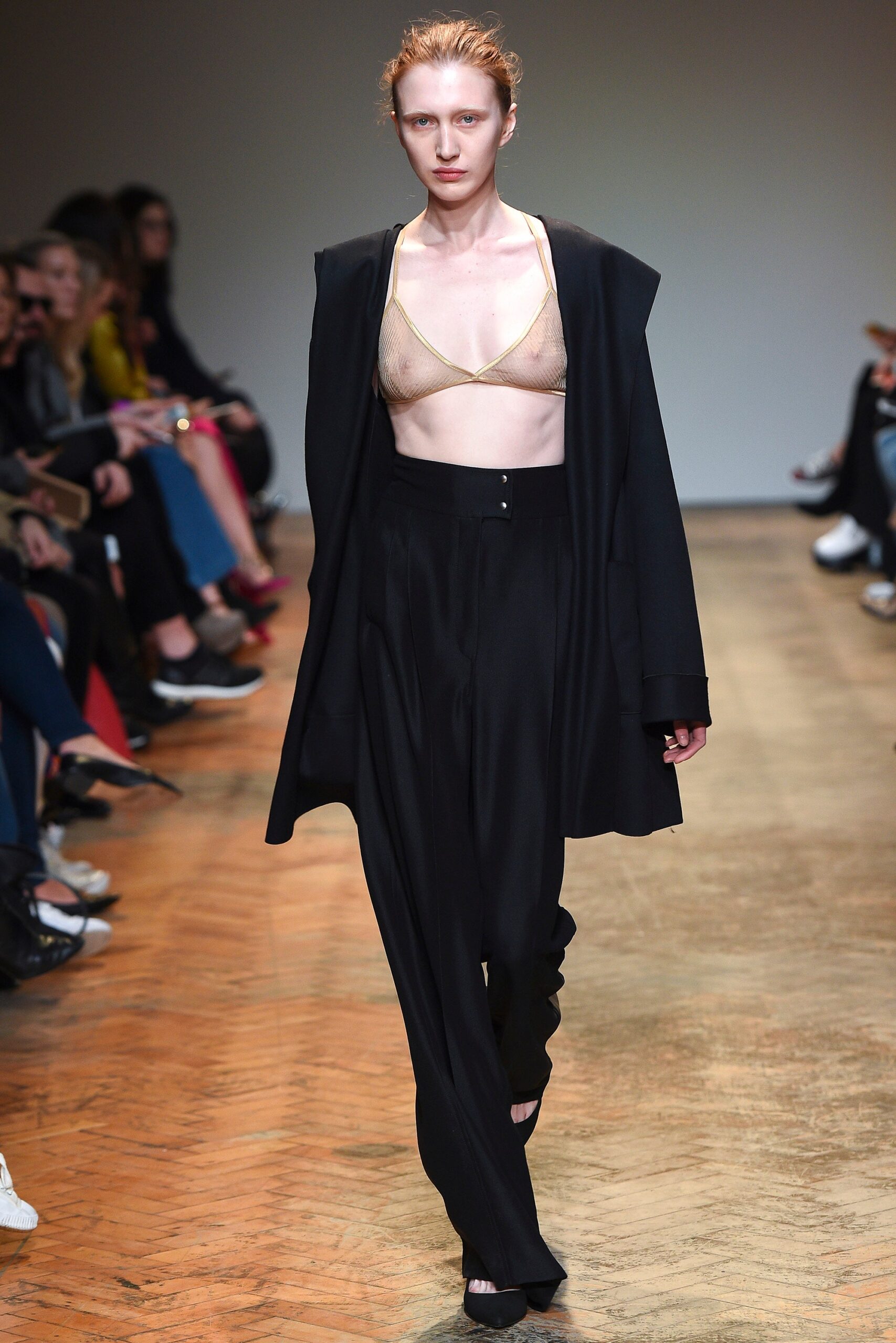 black blazer beige mesh top tailored pants