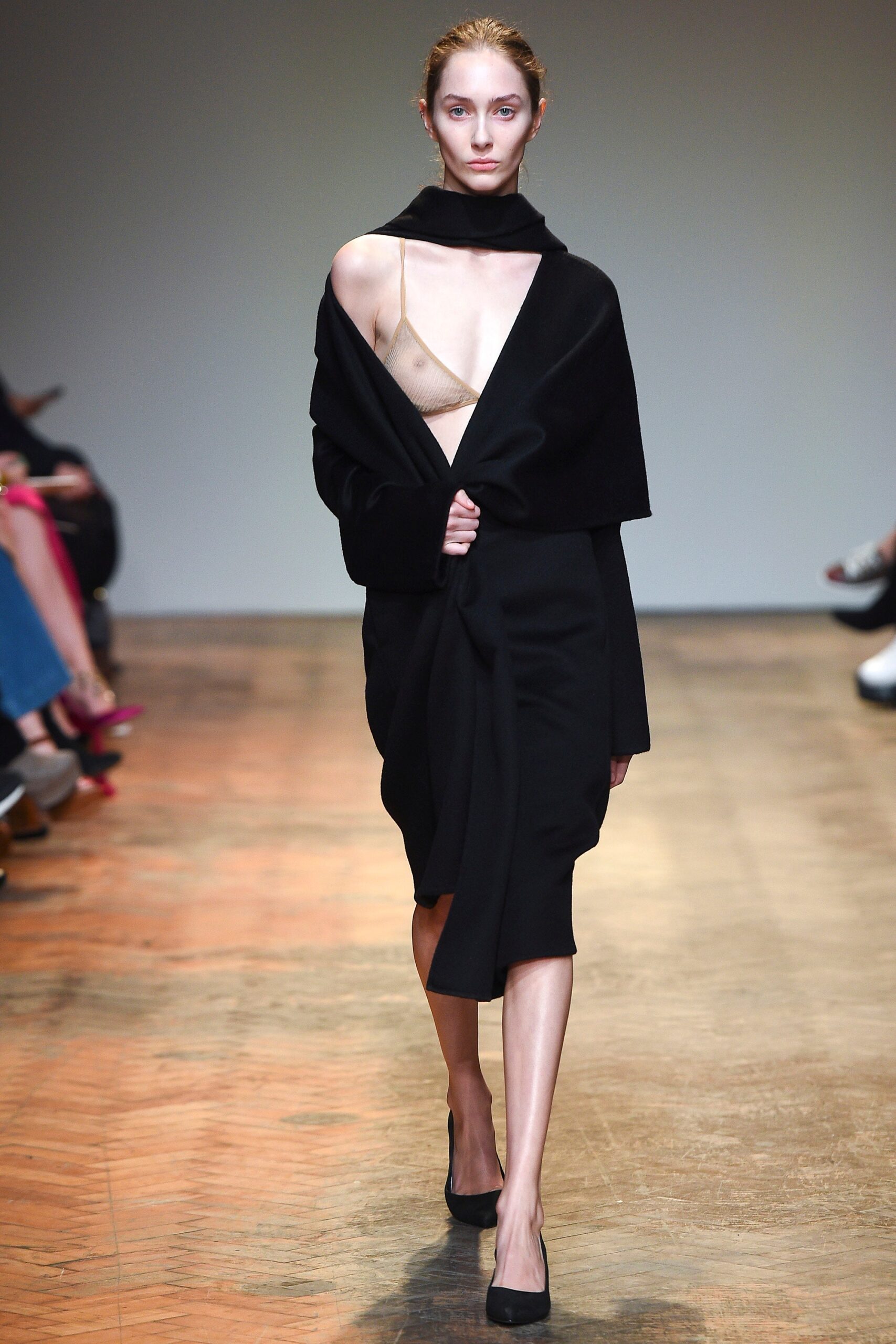 black wool midi dress with beige top