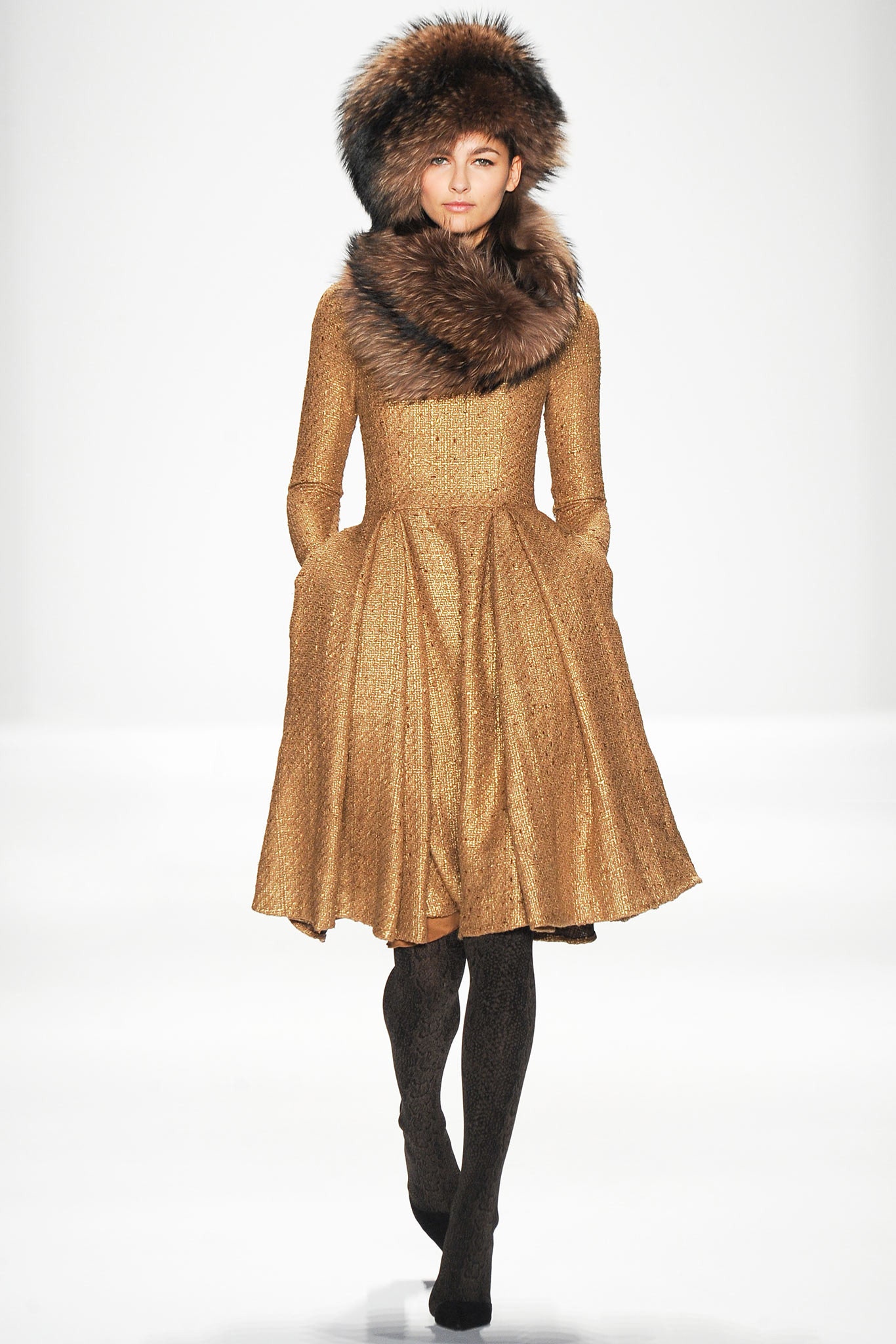 gold silk midi dress with fur hat