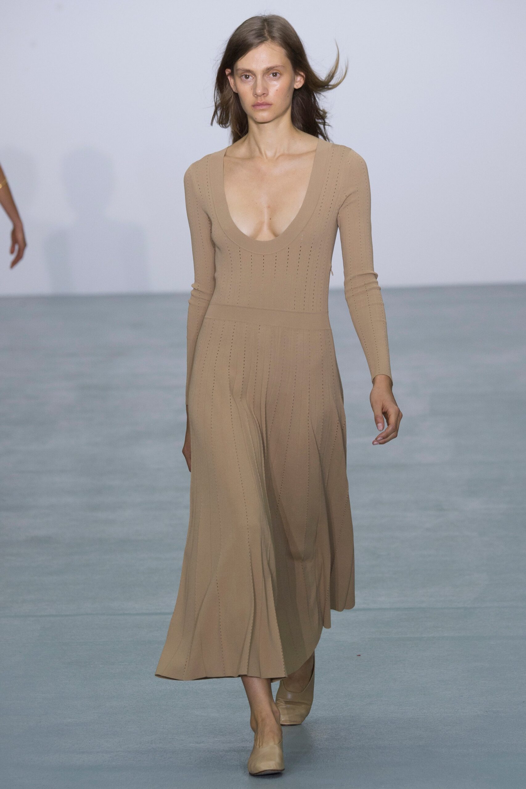 beige fitted long-sleeve dress