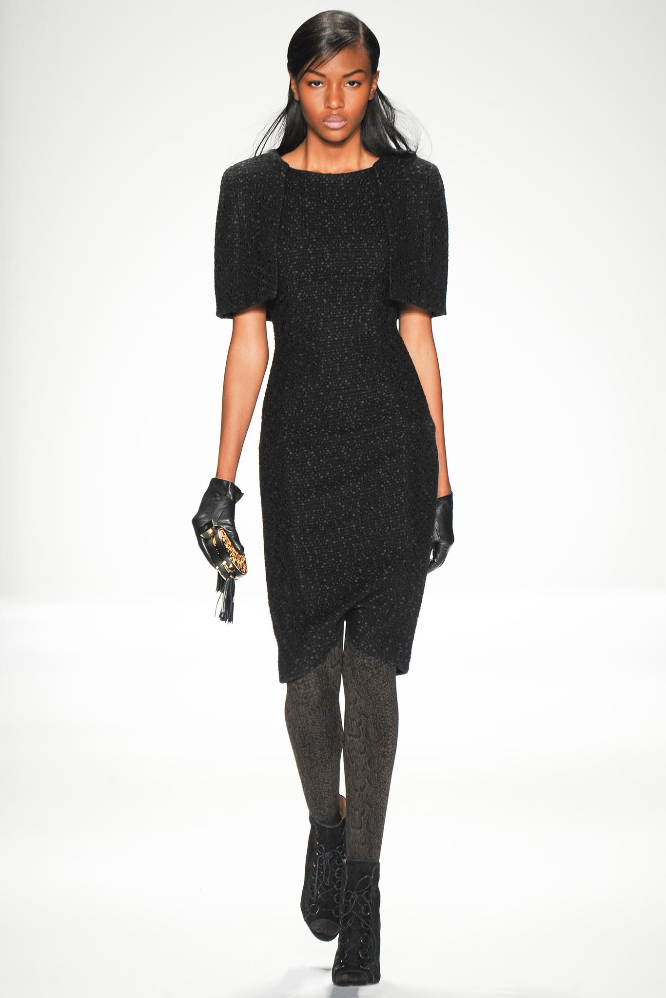 black fitted midi dress with gloves
